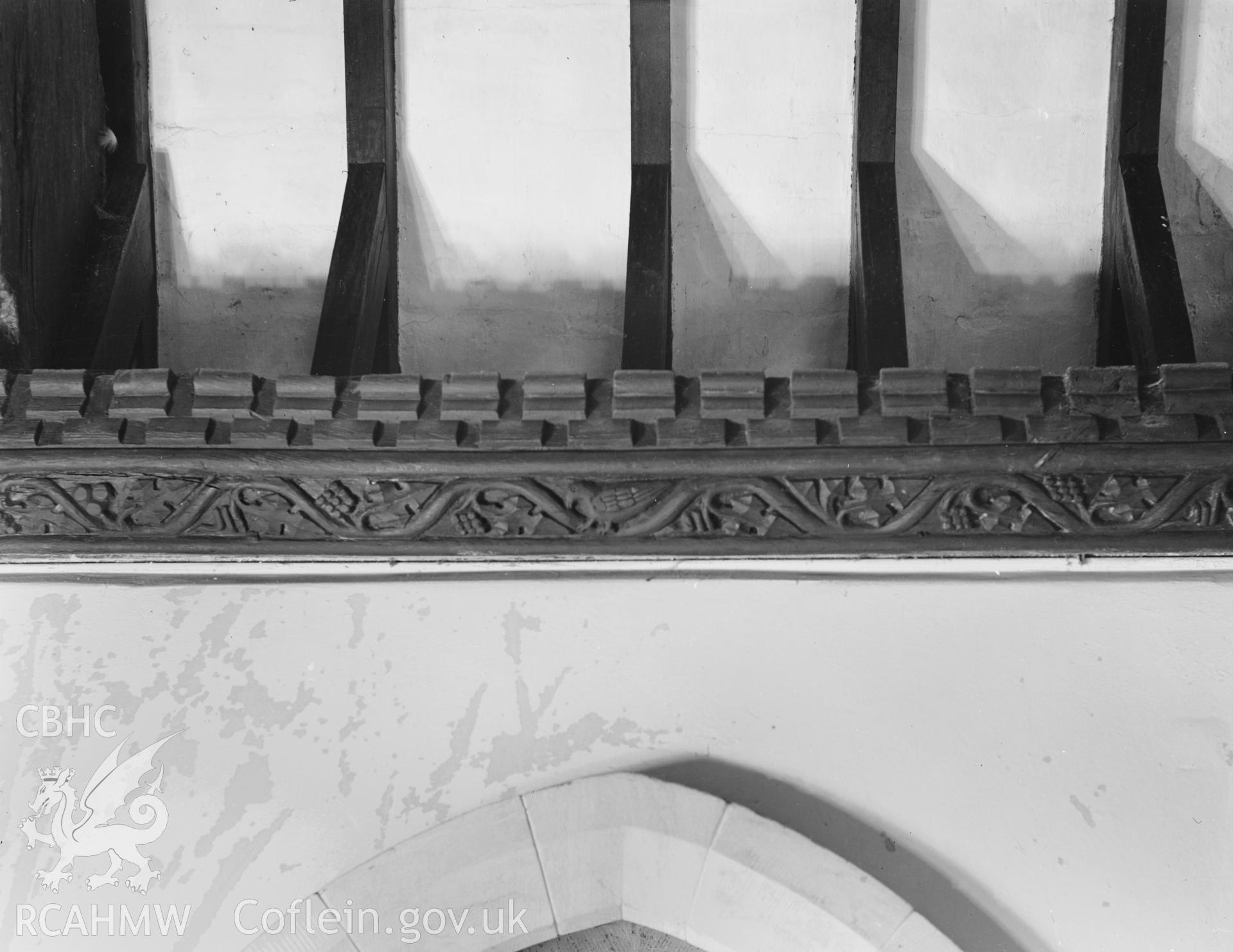 Detail of ornate woodwork at St Tudno's Church, 1949.