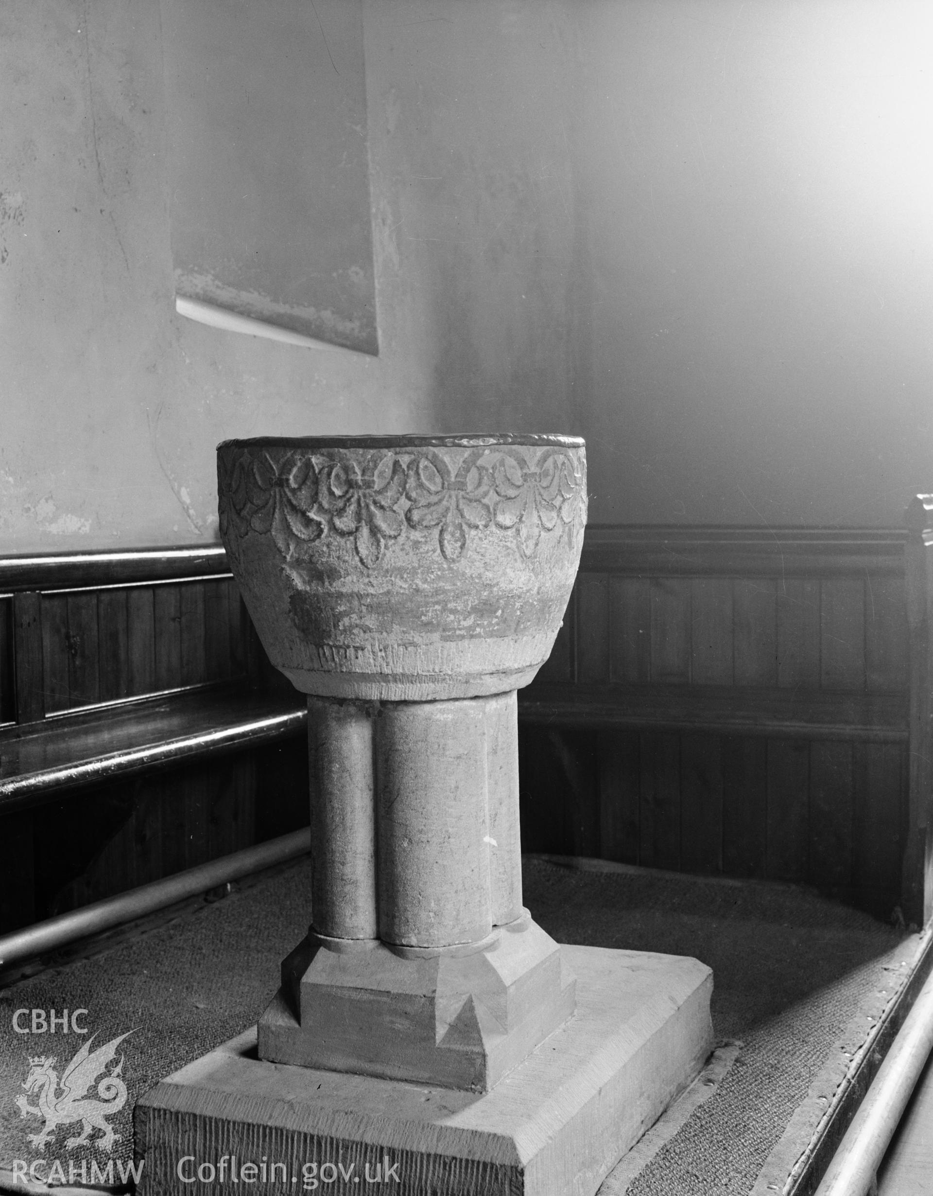 Interior view of St Benedicts Church, Gyffin, showing font, taken 30.09.48