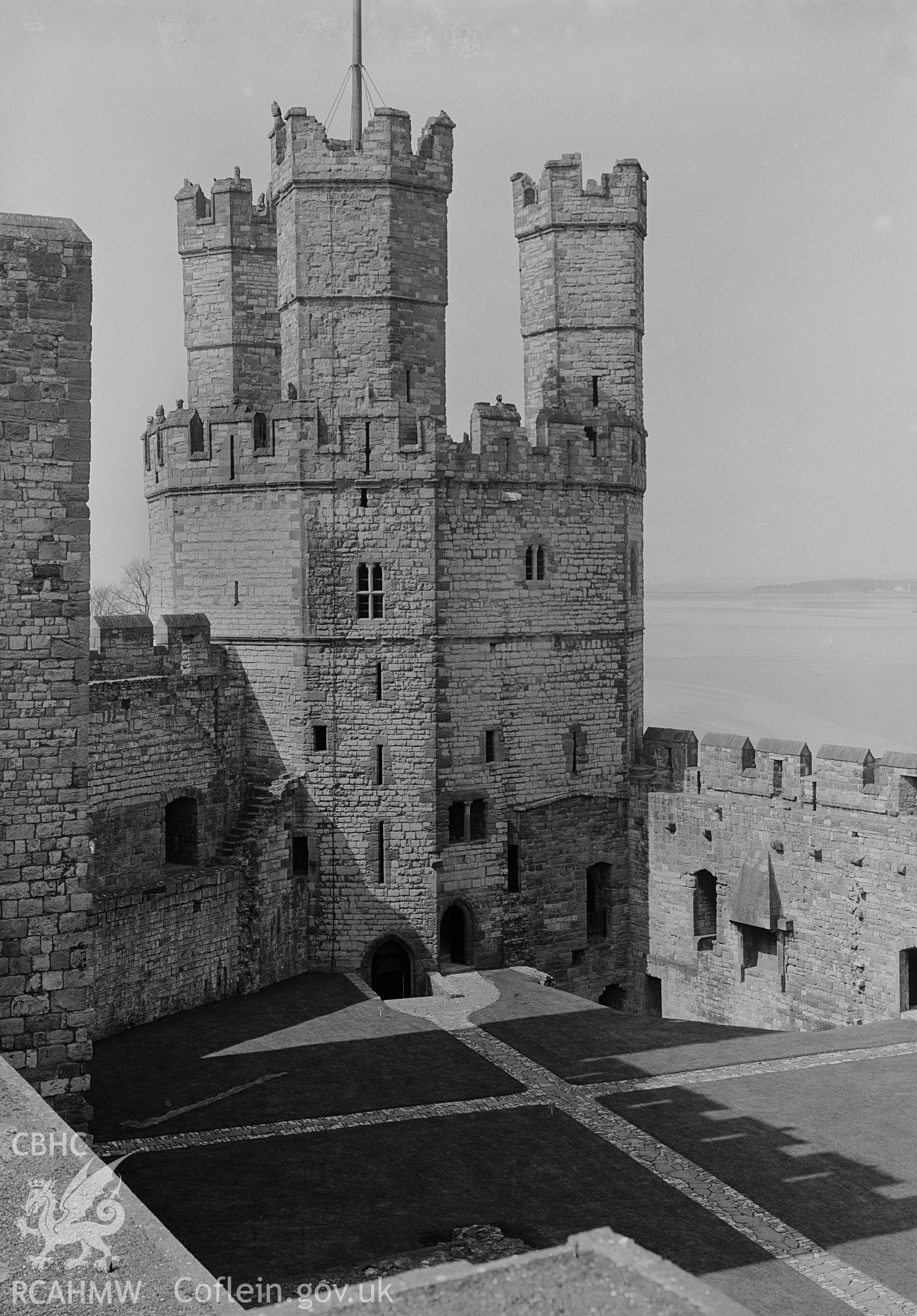 Exterior view of the Eagle Tower at Caernarfon Castle.