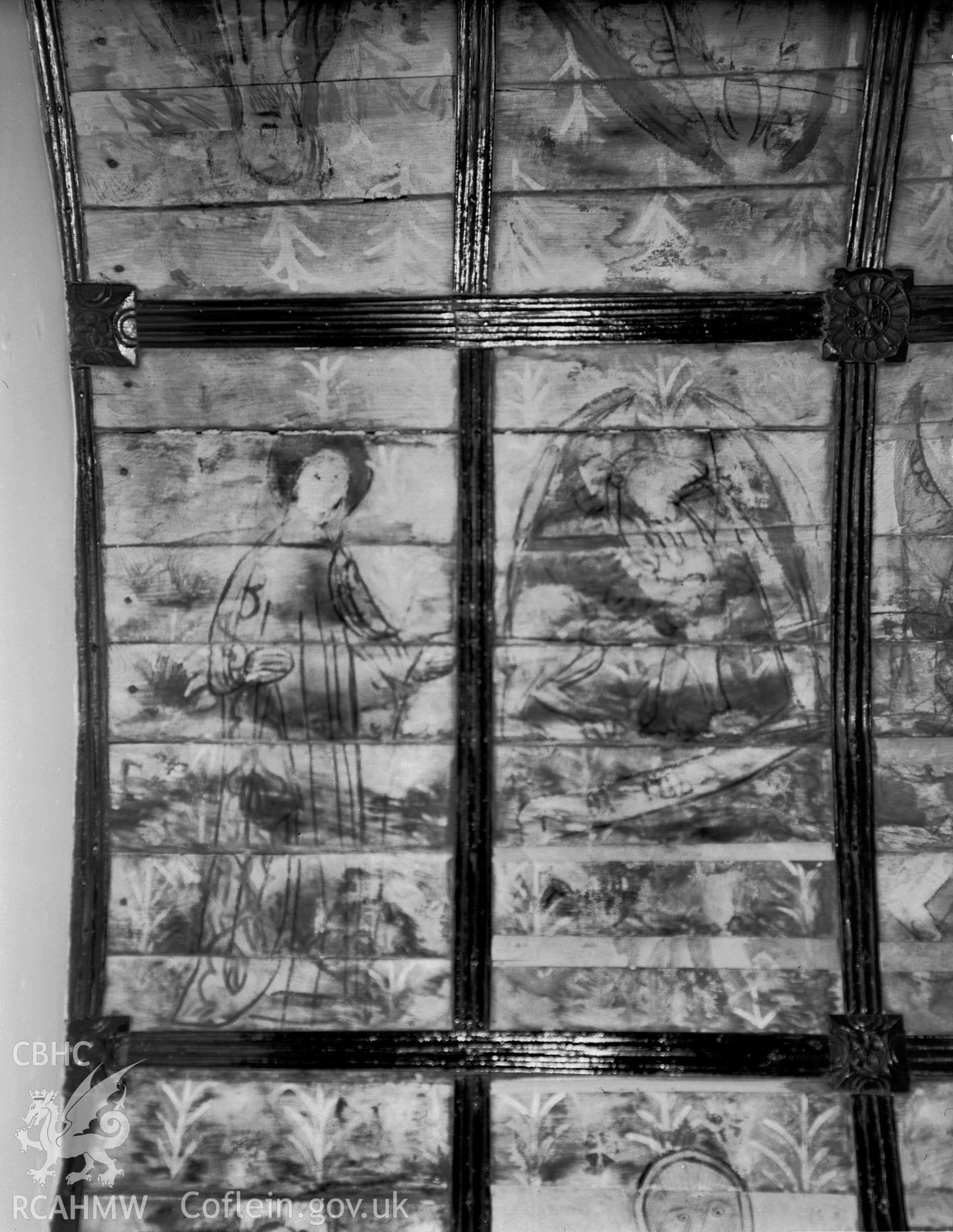 Interior view of St Benedicts Church, Gyffin showing ceiling paintings, taken 30.09.48.