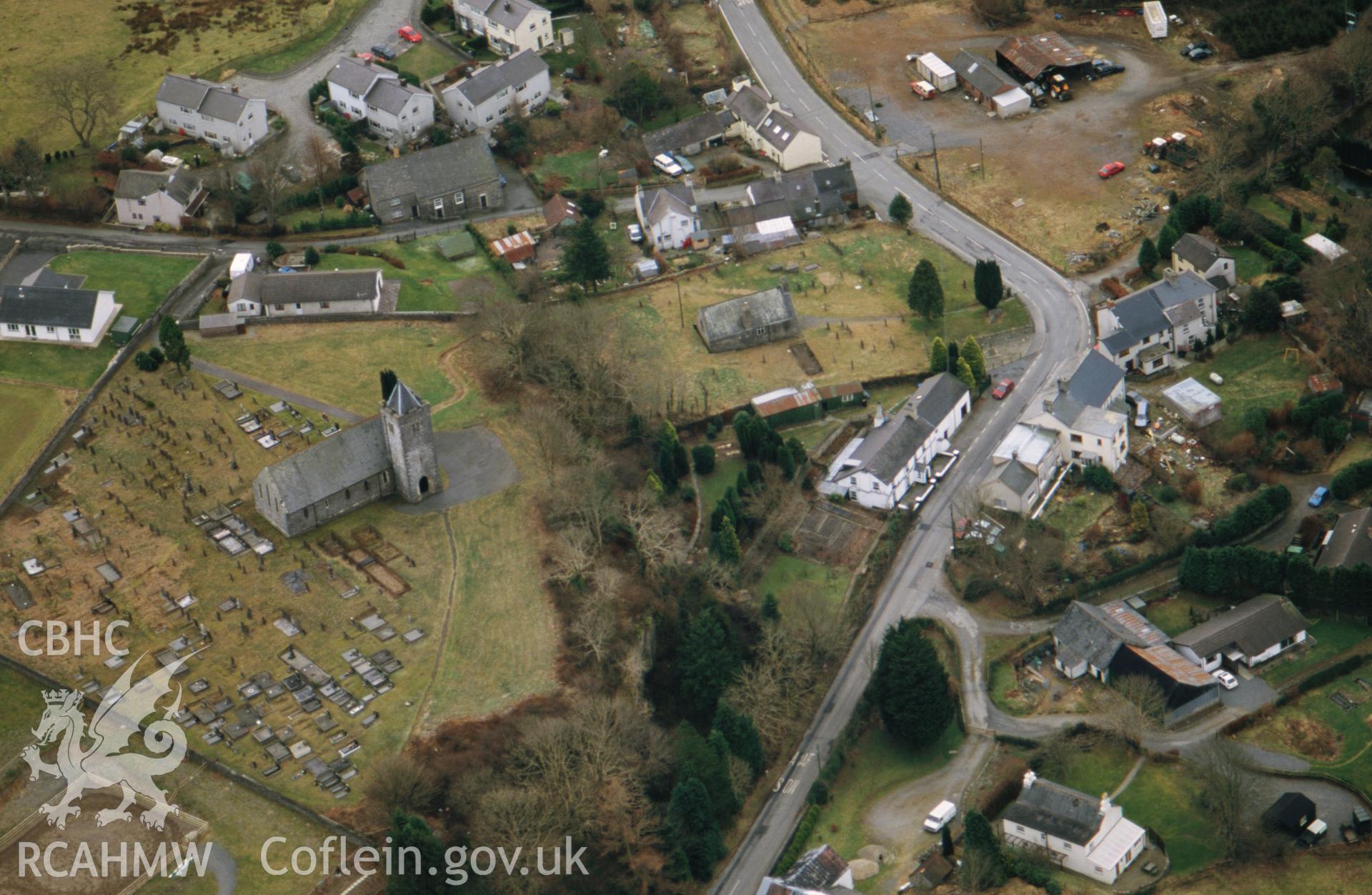 RCAHMW colour slide aerial photograph of Ysbyty Ystwyth, village with New Church. Taken by Toby Driver on 31/01/2003