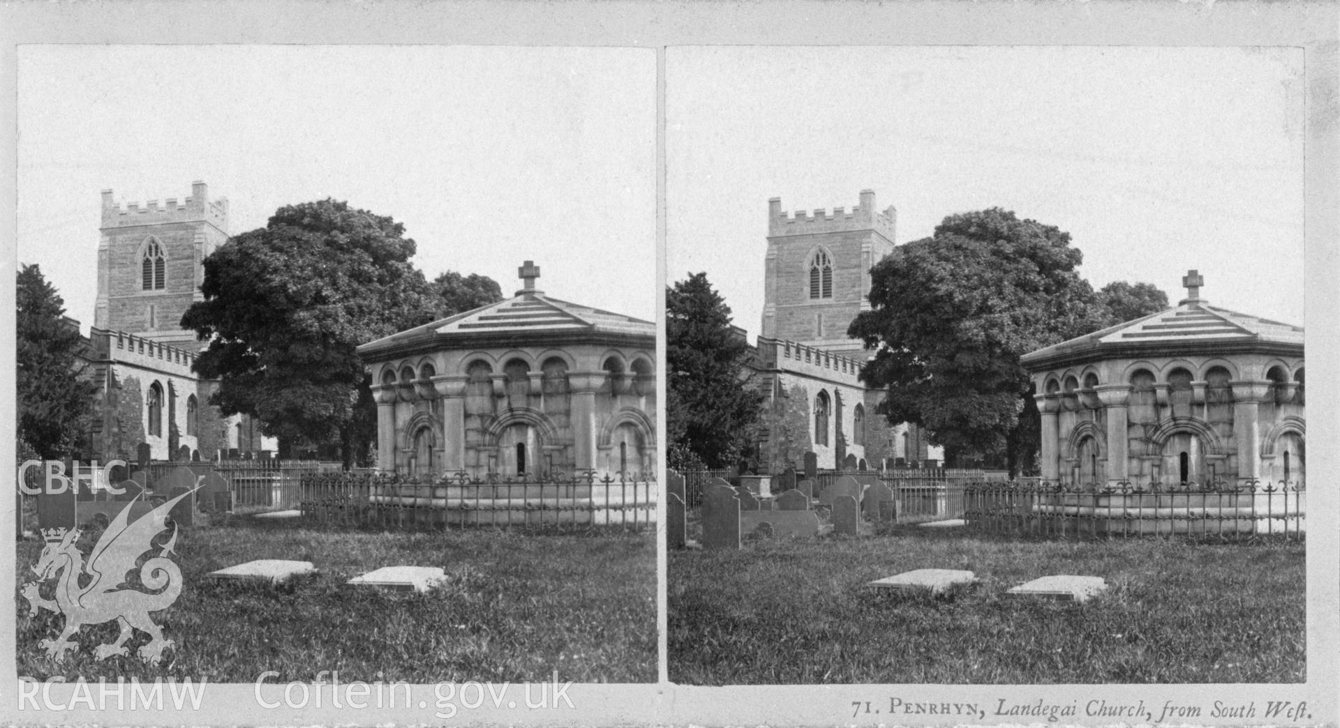 Black and white print of St. Tegai's Church, Llandegai, showing the Penrhyn family mausoleum, copied from an original stereoscopic print in the possession of Thomas Lloyd. Negative held.