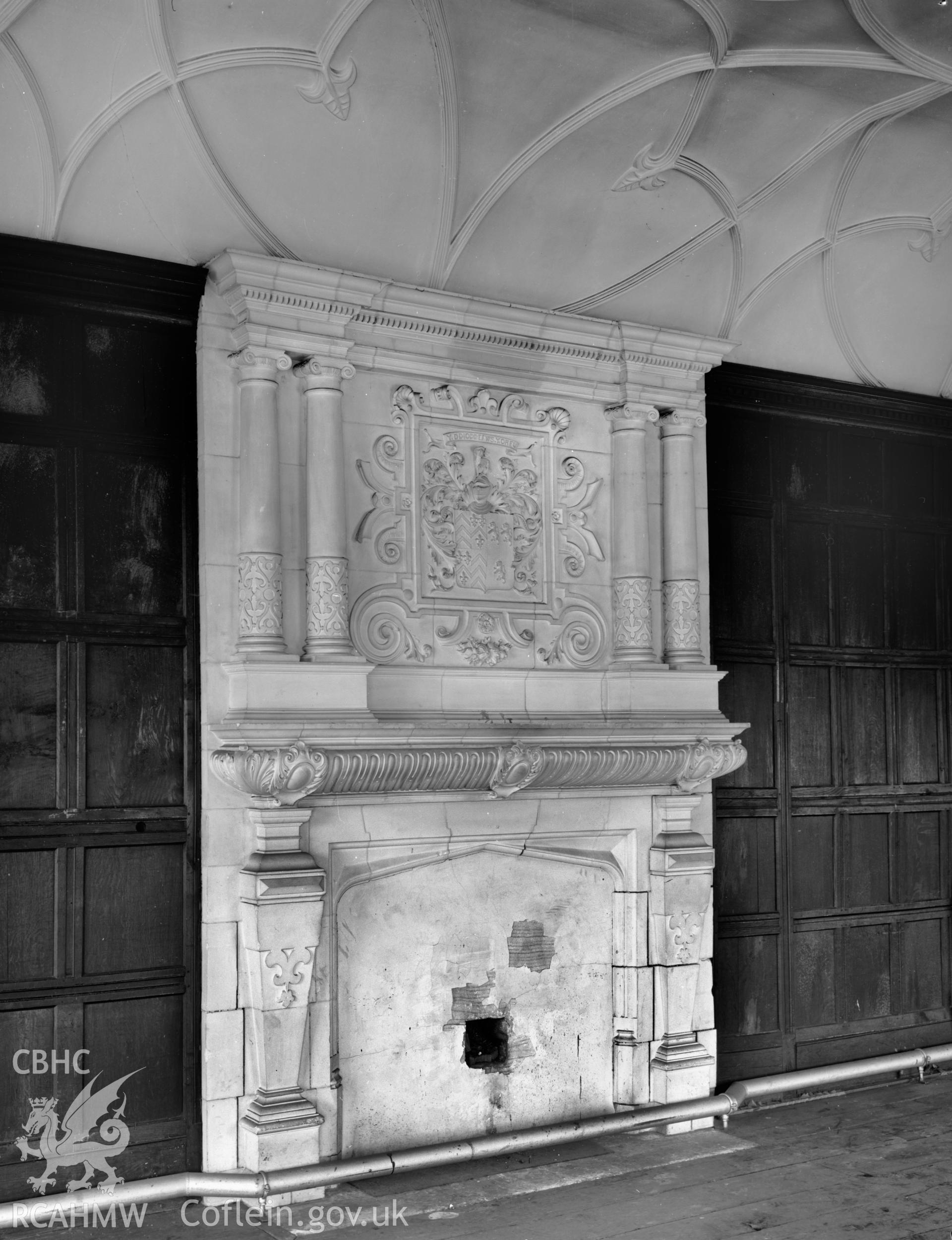 Interior view of Aberpergwm House showing fireplace and coat of arms, taken 13.08.65.