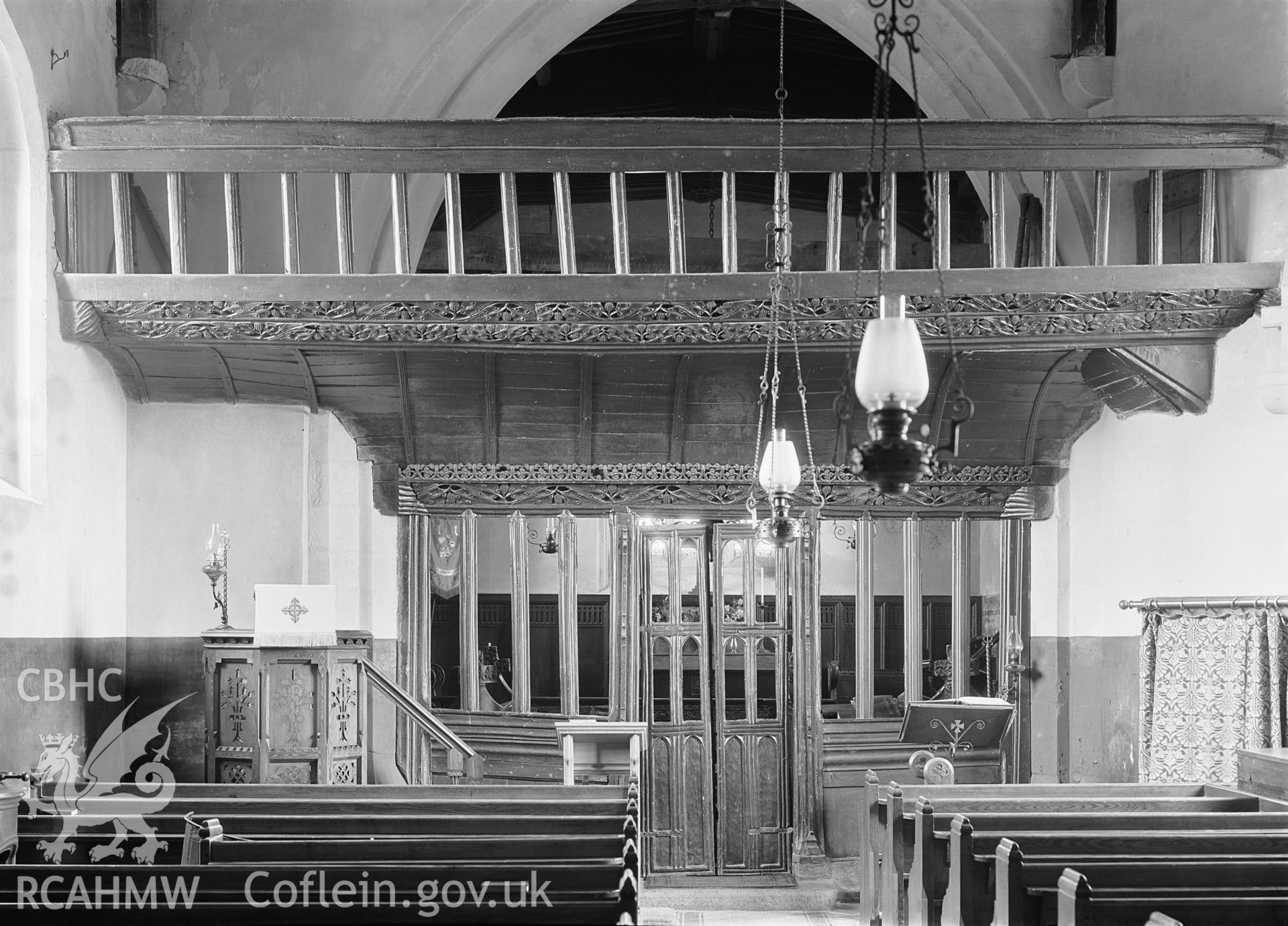 Black and white photograph of the interior of St Eilian's Church, Llaneilian.