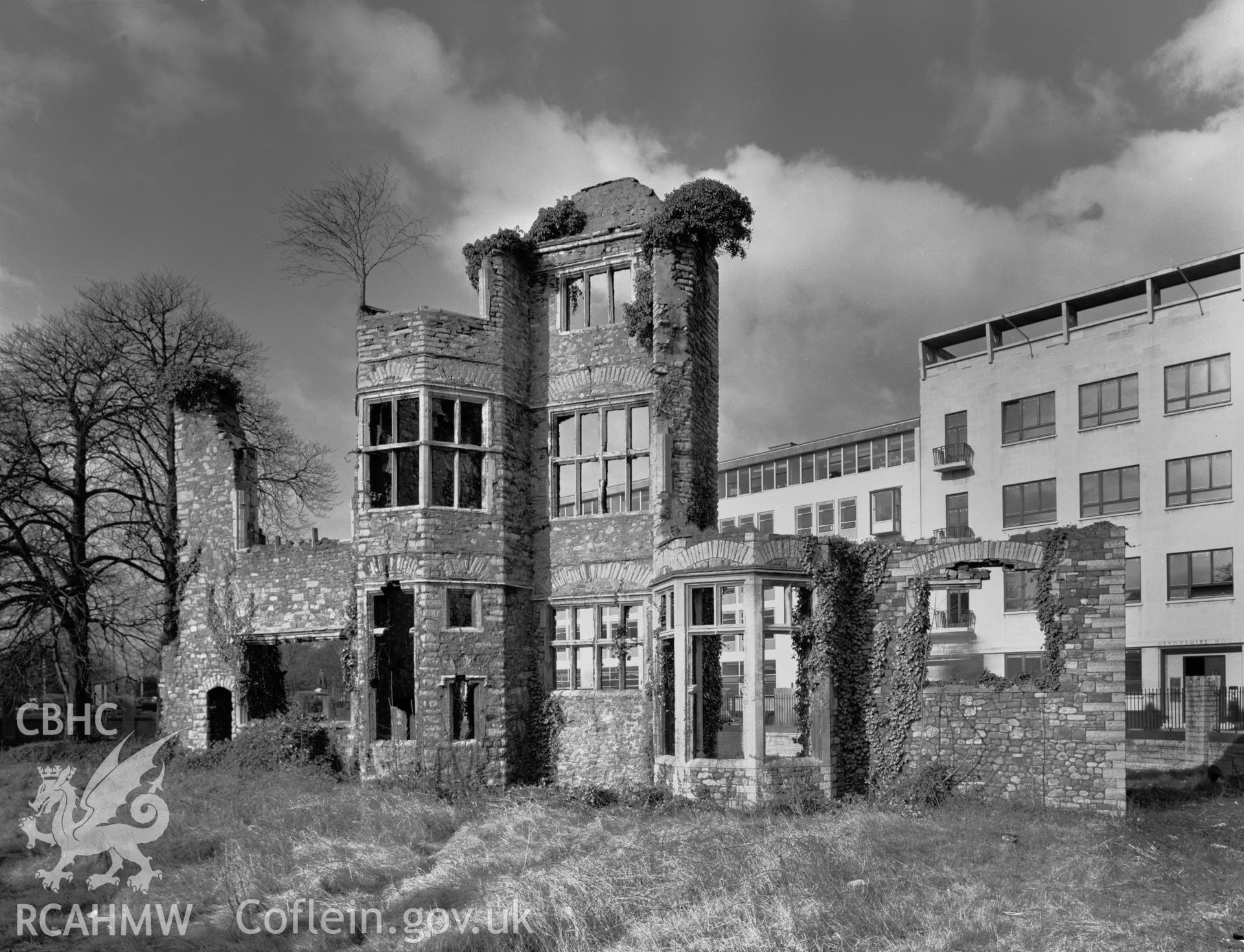 Exterior view of Herbert Mansion, Cardiff, taken 06.04.1961.
