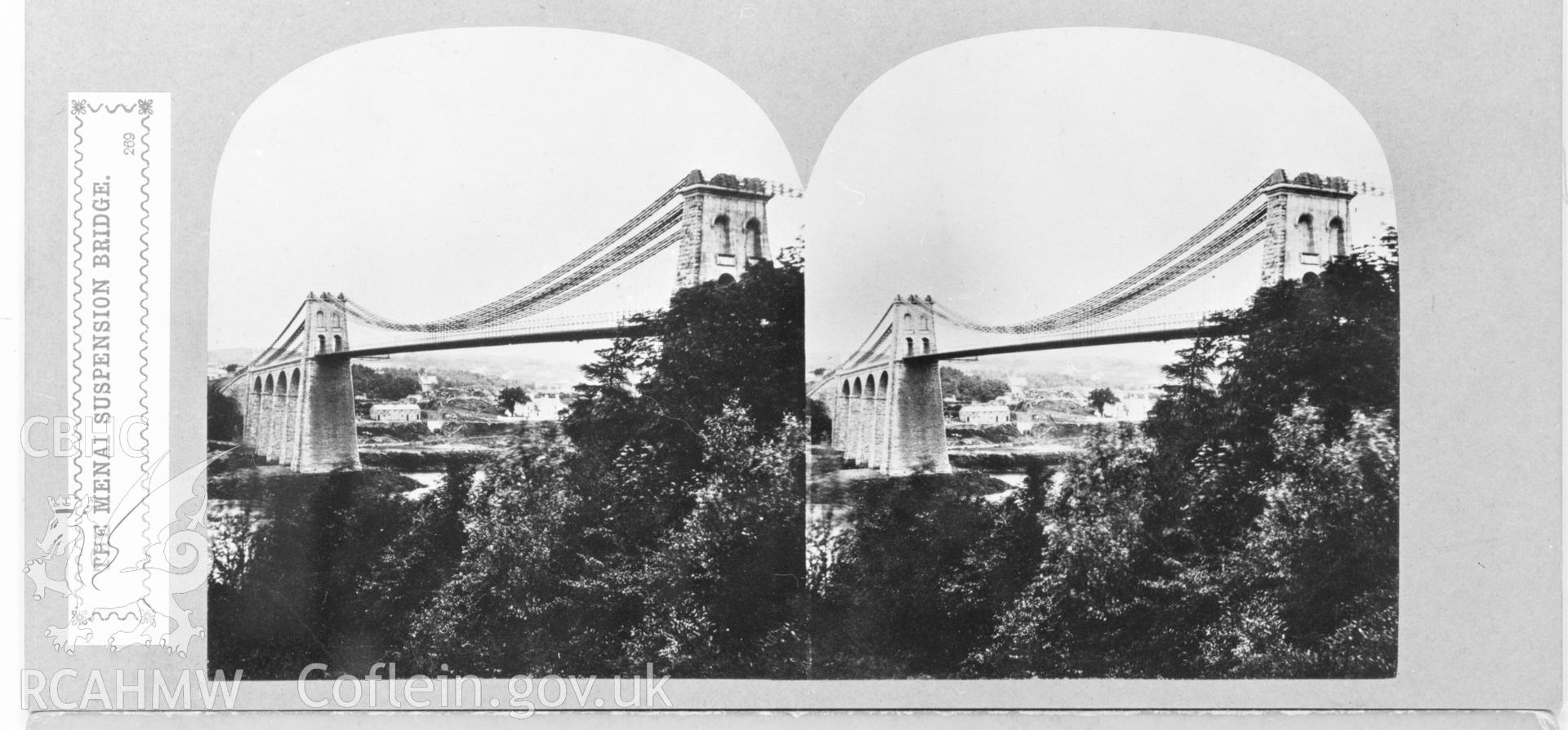 Black and white print of Menai Suspension Bridge, Menai Bridge.