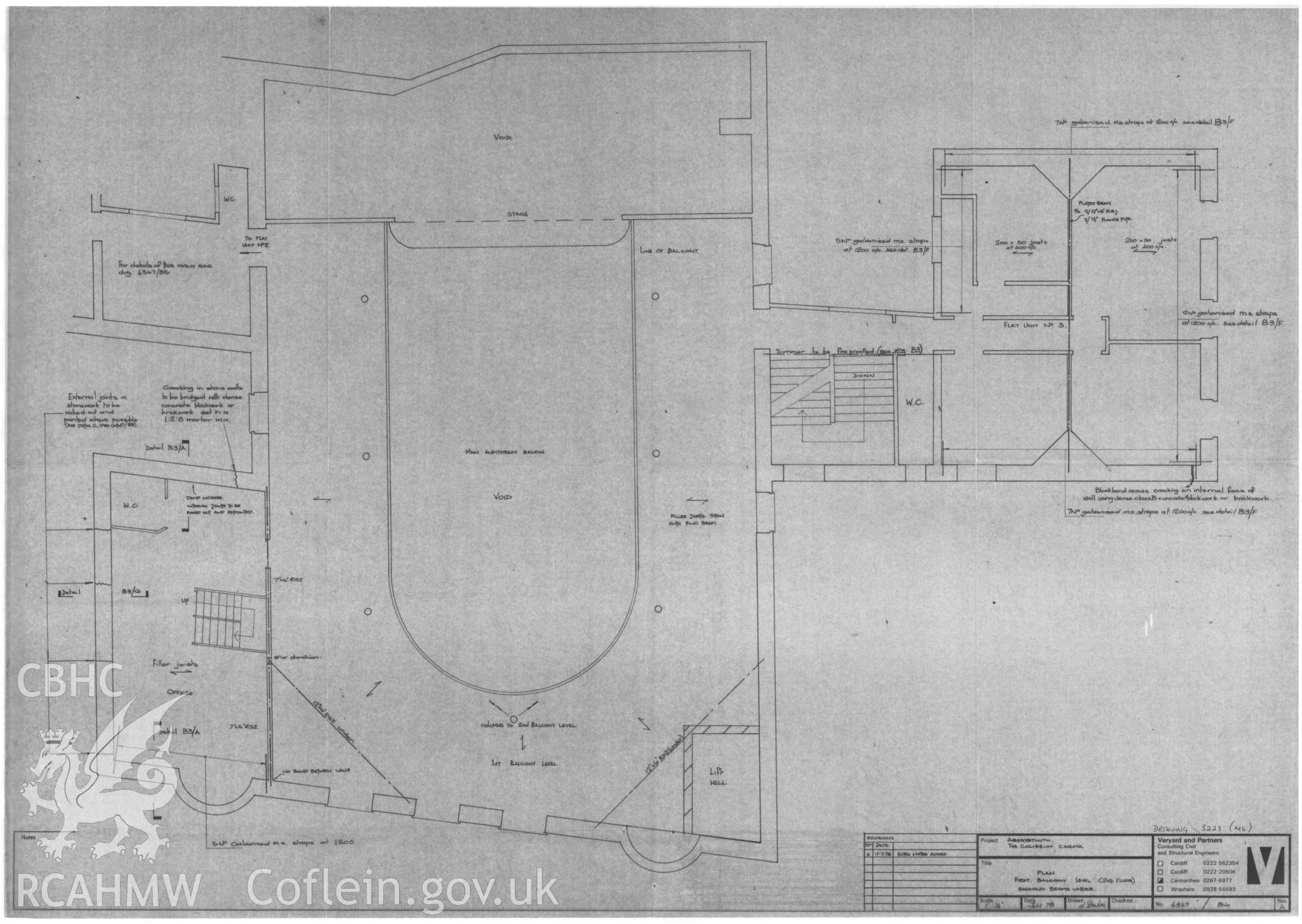 Copy of a non RCAHMW drawing showing second floor plan of Coliseum Cinema, Aberystwyth, received in the course of threatened buildings case ref no M/DES/B/CD/79/01