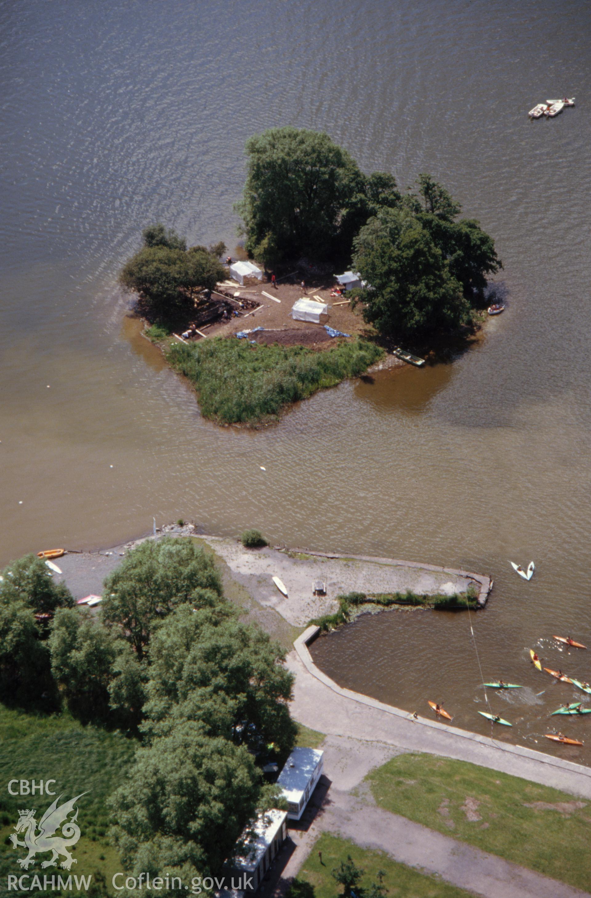 Slide of RCAHMW colour oblique aerial photograph of Llangorse Lake, taken by C.R. Musson, 12/7/1990.