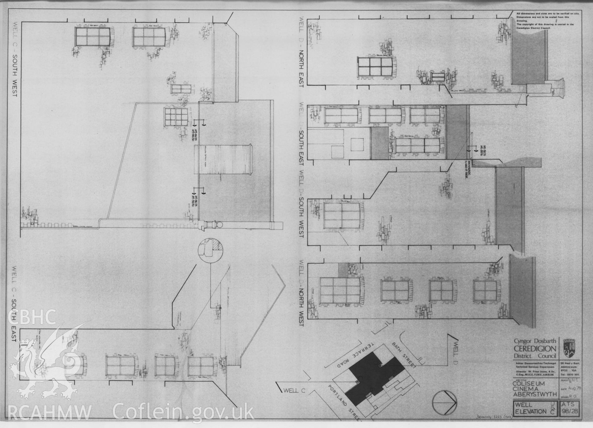 Copy of a non RCAHMW drawing showing elevation of Coliseum Cinema, Aberystwyth, received in the course of threatened buildings case ref no M/DES/B/CD/79/01