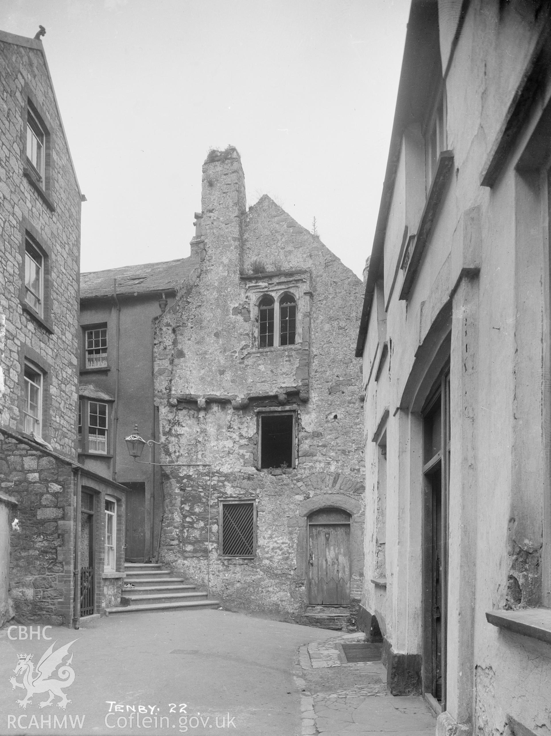 A black and white print showing the Tudor Merchants house, Tenby.