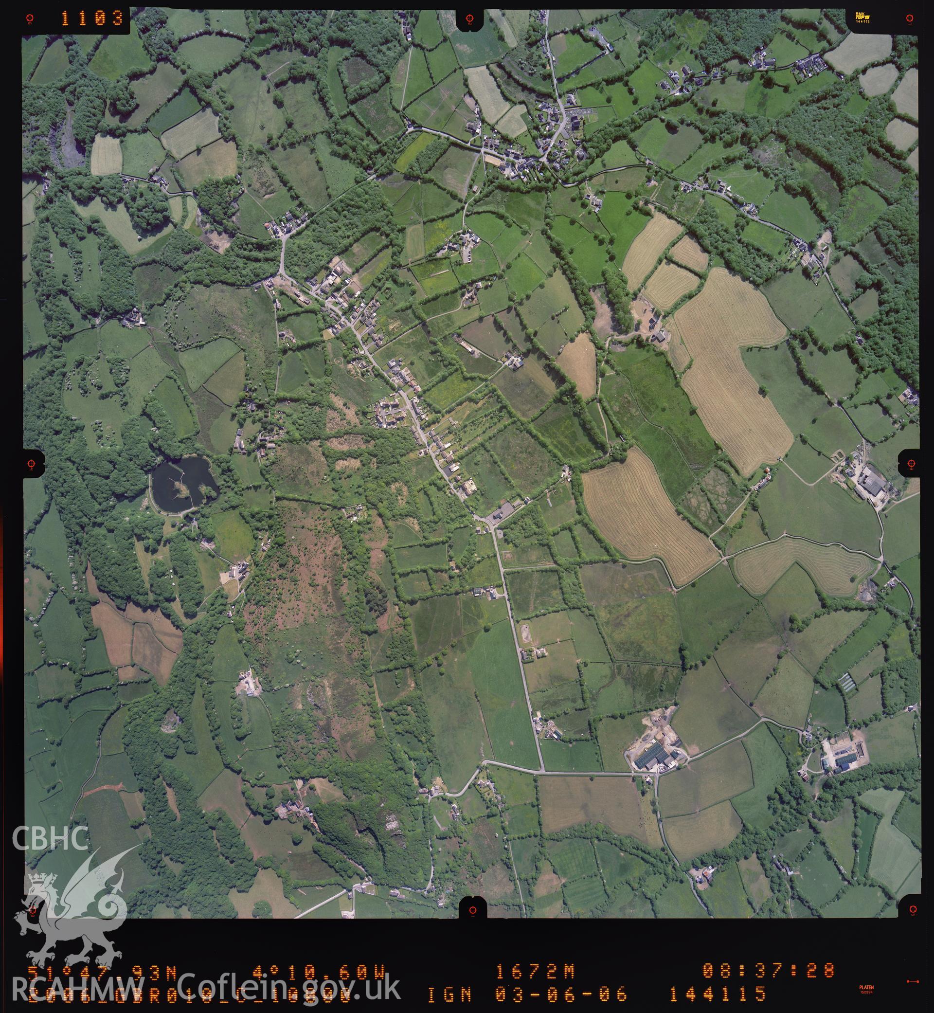 Digitized copy of a colour aerial photograph showing the area west of Drefach, taken by Ordnance Survey, 2006.