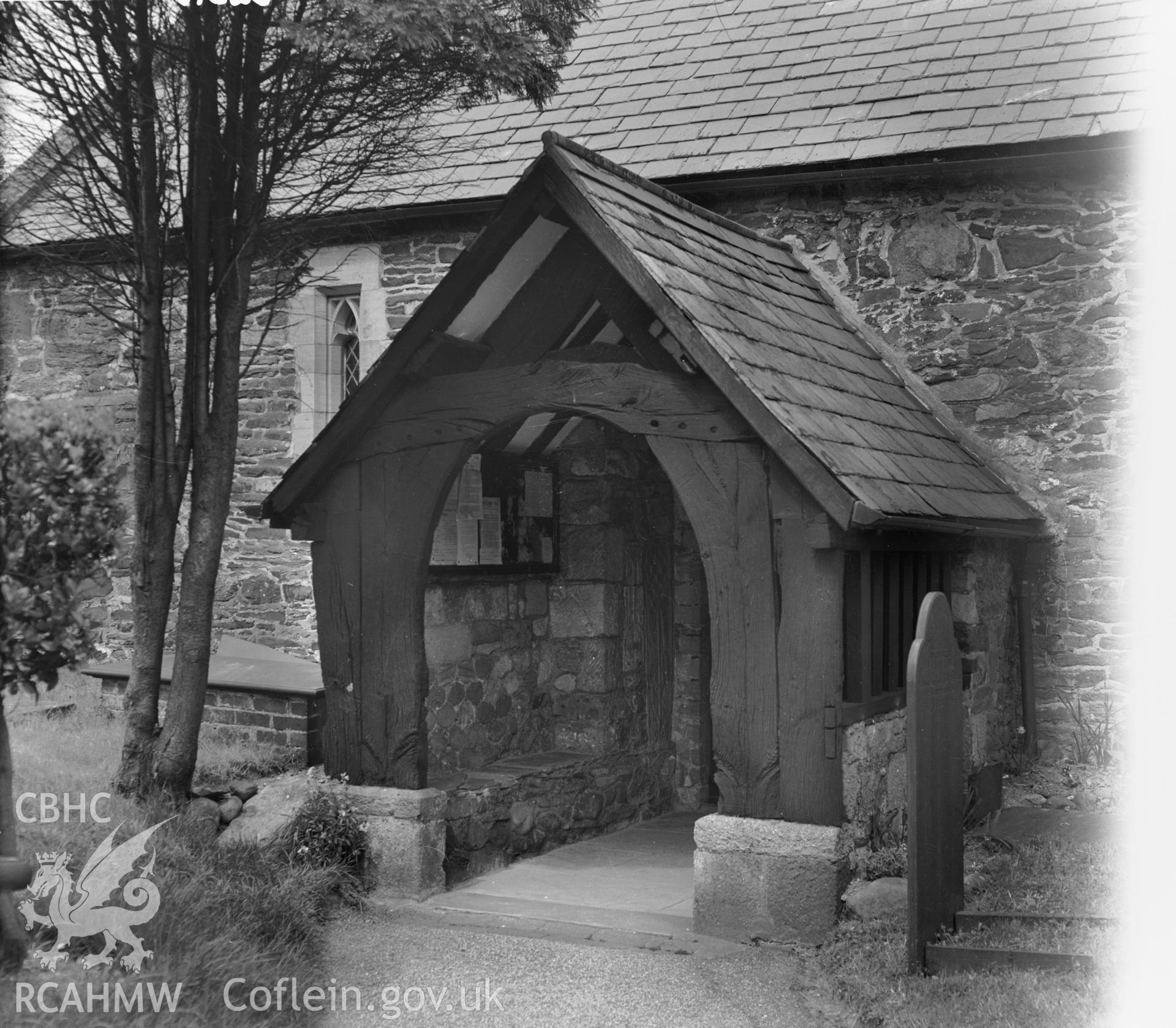 Exterior view of porch at St Benedicts Church, Gyffin taken 30.09.48.