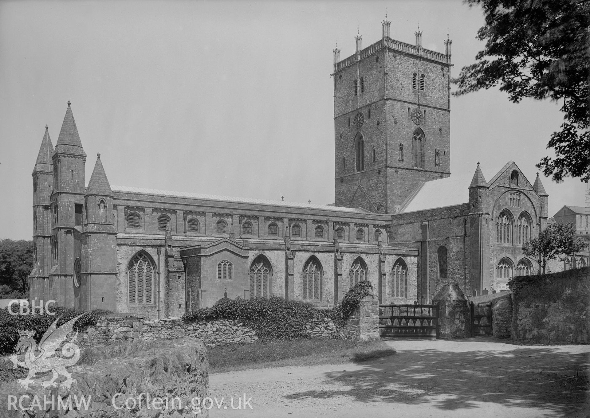 Exterior view of St Davids Cathedral from the southwest, Pembrokrshire, taken by Clayton pre-1950.