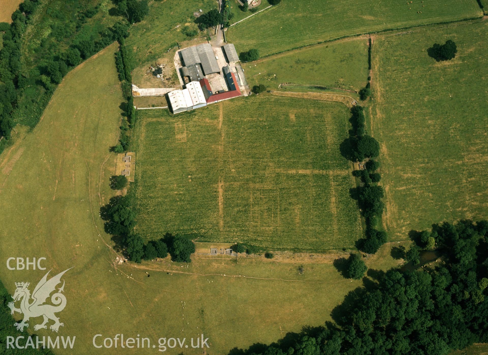 RCAHMW black and white oblique aerial photograph of Brecon Gaer, taken by C R Musson, 1996.