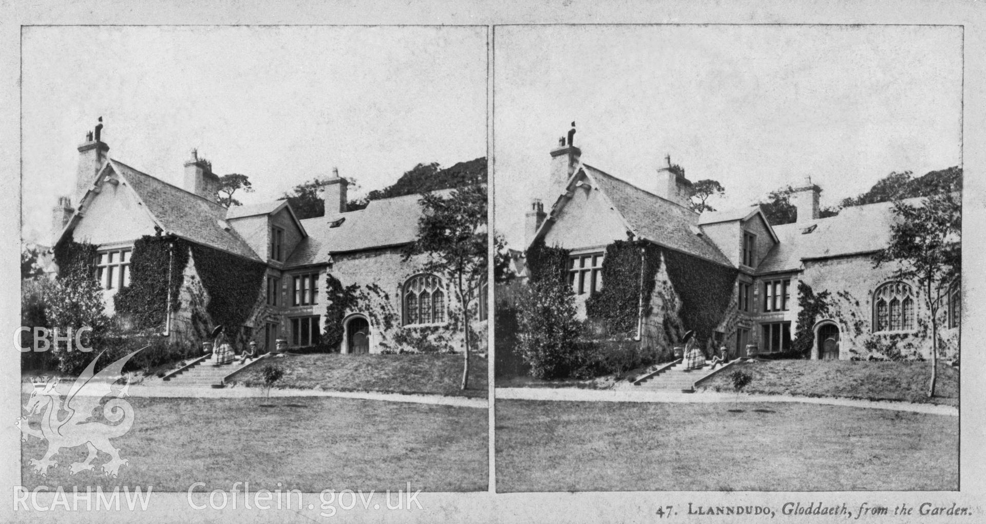 Black and white, circa mid 19th C. print of Gloddaeth Hall, copied from an original stereoscopic picture in the possession of Thomas Lloyd. Negative held.