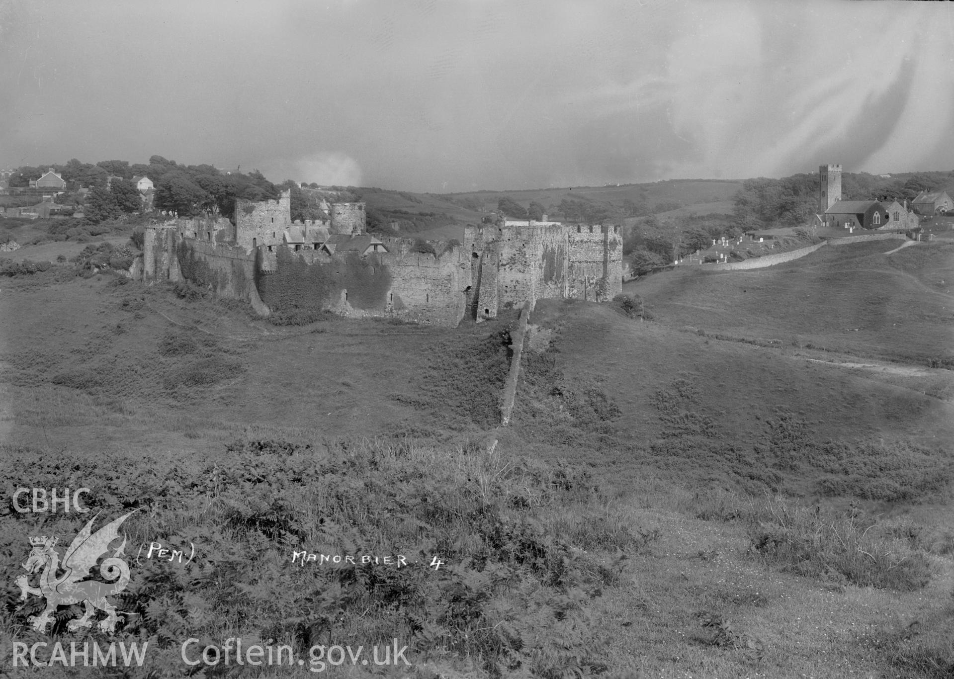 Landscape view of Manorbier Castle and Church, Pembs W A Call, taken1930.