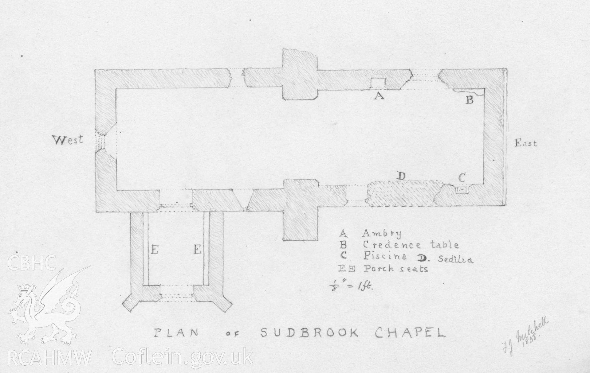 Drawing 5 from the Revd. C.H.A. Porter Collection.  Plan of Sudbrook Chapel, one eight of an inch to 1 foot scale, after an original by F.J. Mitchell.