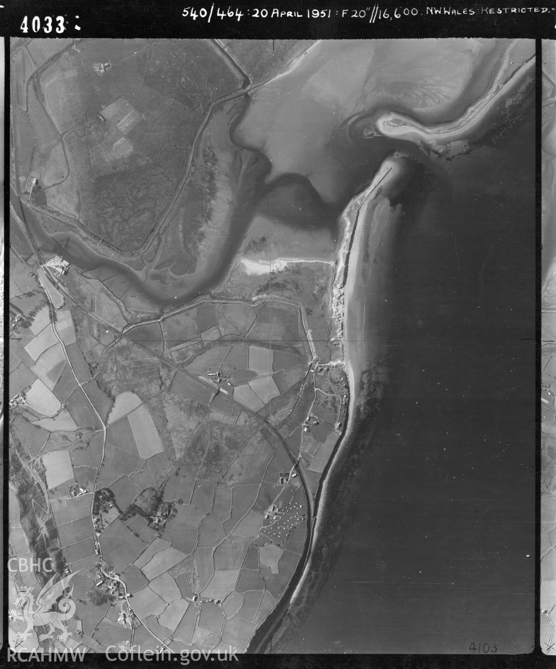 Black and white vertical aerial photograph taken by the RAF on 20/04/1951 centred on SH57032821 at a scale of 1:10000. The photograph includes part of Llanfair community in Gwynedd.