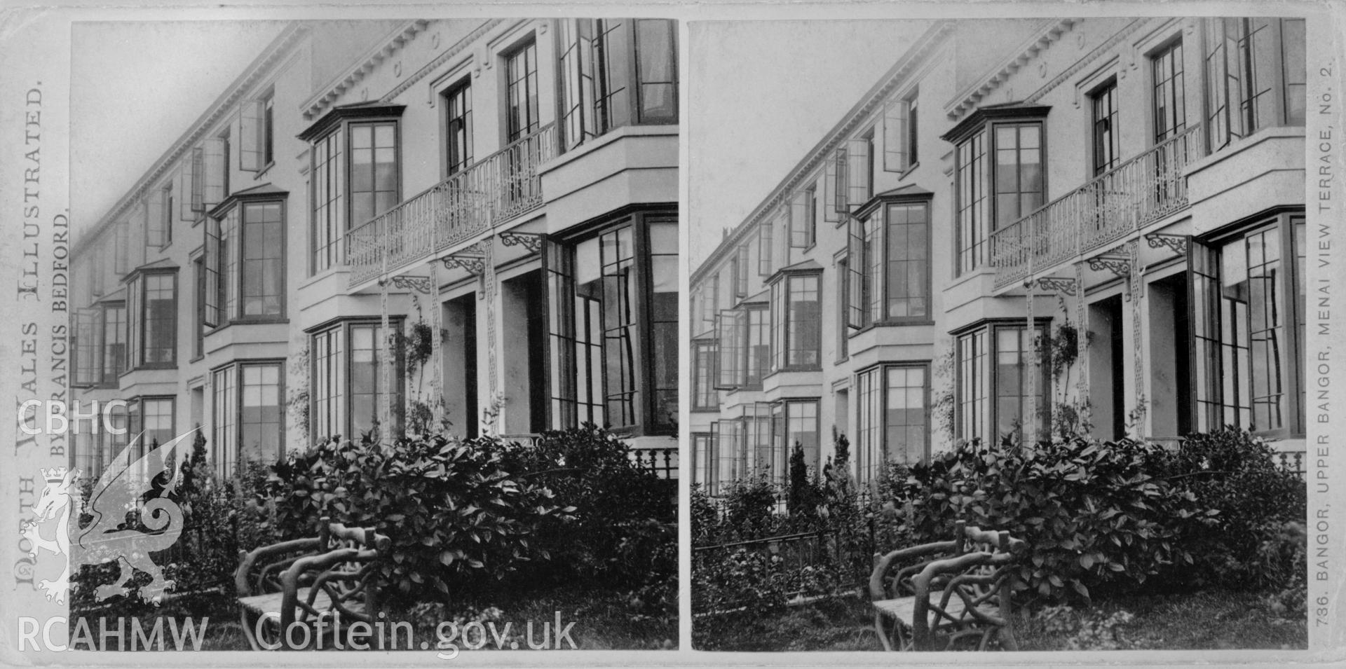 Black and white print of No. 2, Menai View Terrace, Holyhead Road, Bangor, copied from an original stereoscopic picture in the possession of Thomas Lloyd. Negative held.