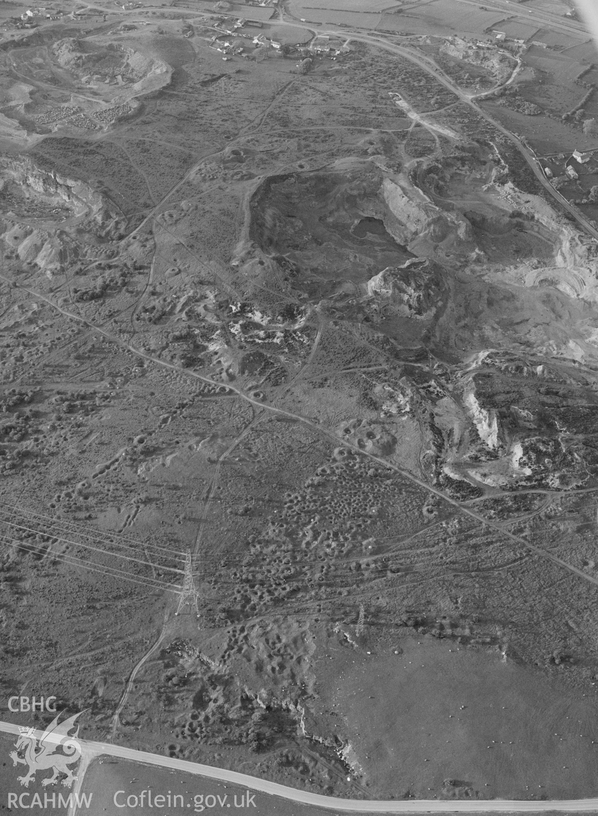 RCAHMW Black and white oblique aerial photograph of Halkyn Mountain, 1993, by C.R. Musson.