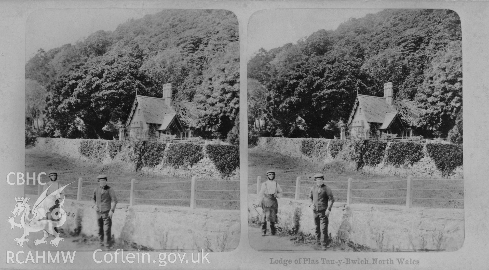 Black and white print of a stereoscopic picture of the lodge at Plas Tan-y-Bwlch, copied from an original lent by Thomas Lloyd. Negative held.