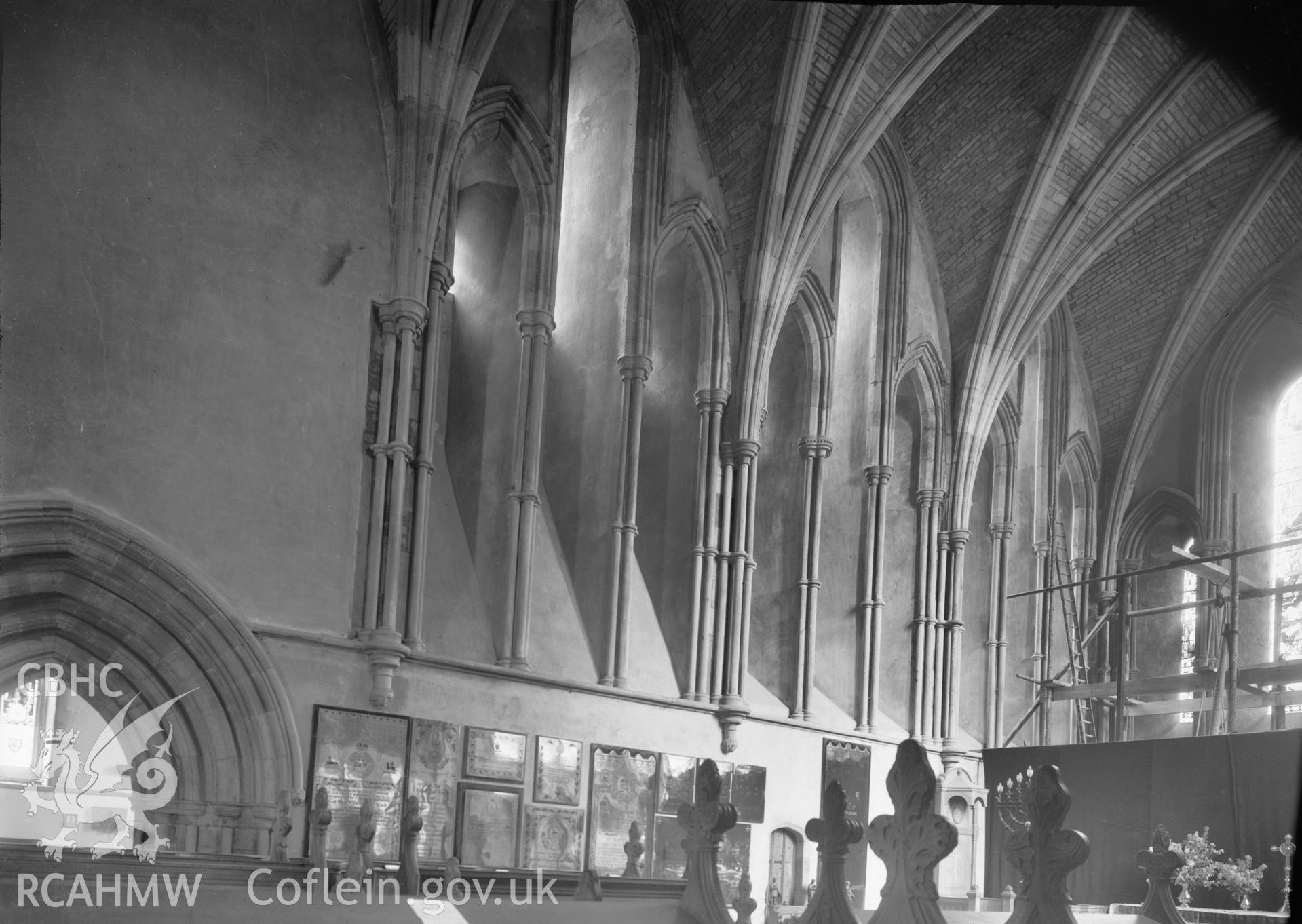 Interior view of Llanddew Church, Brecon, taken by W A Call circa 1920.