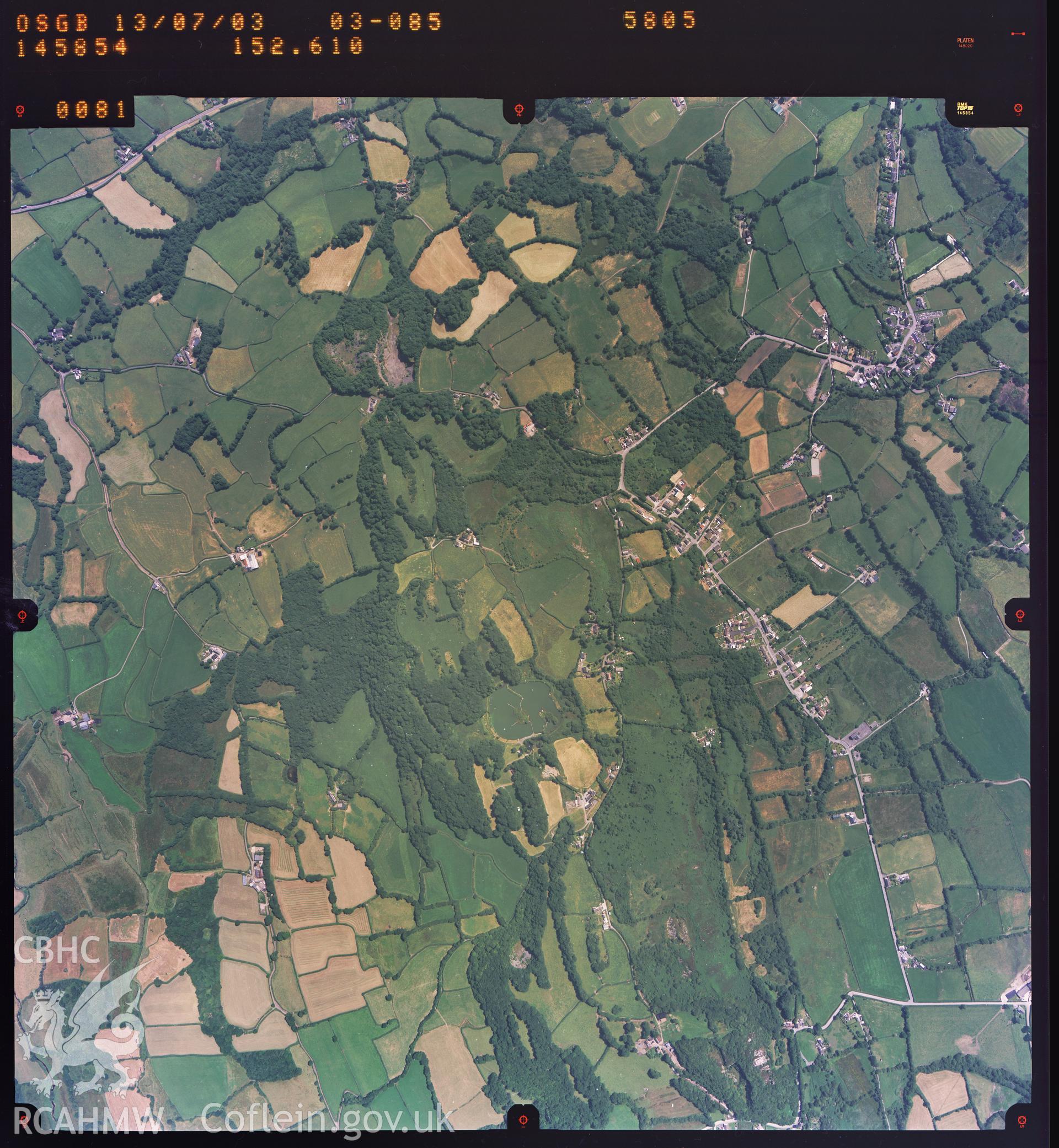Digitized copy of a colour aerial photograph showing the area west of Drefach, taken by Ordnance Survey, 2003.