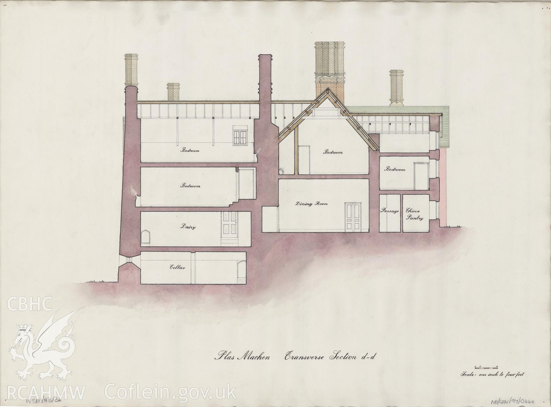 Measured drawing showing transverse section view of Plas Machen, Graig, produced by B.J. Coles and D.A. Pugh, 1967-1968.