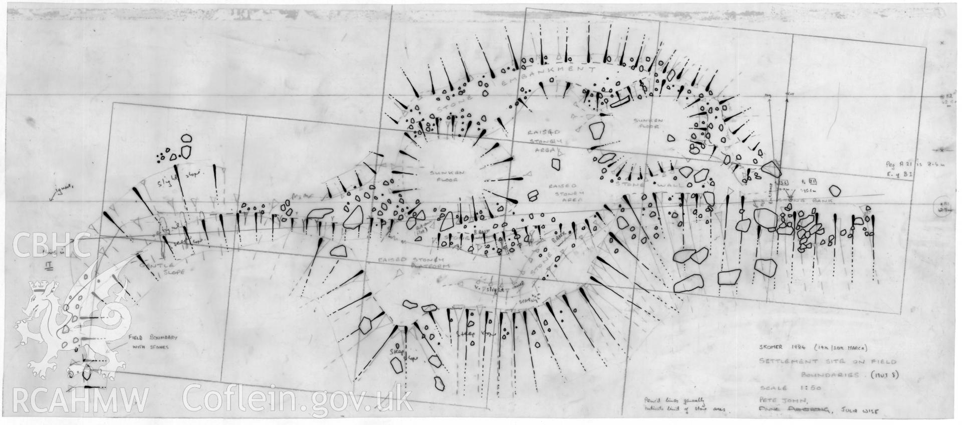 Skomer: Hut Group 8, north stream settlement. Enhanced field survey drawing at 1:50 scale undertaken by Cardiff University archaeology students, 19-20 March 1984.