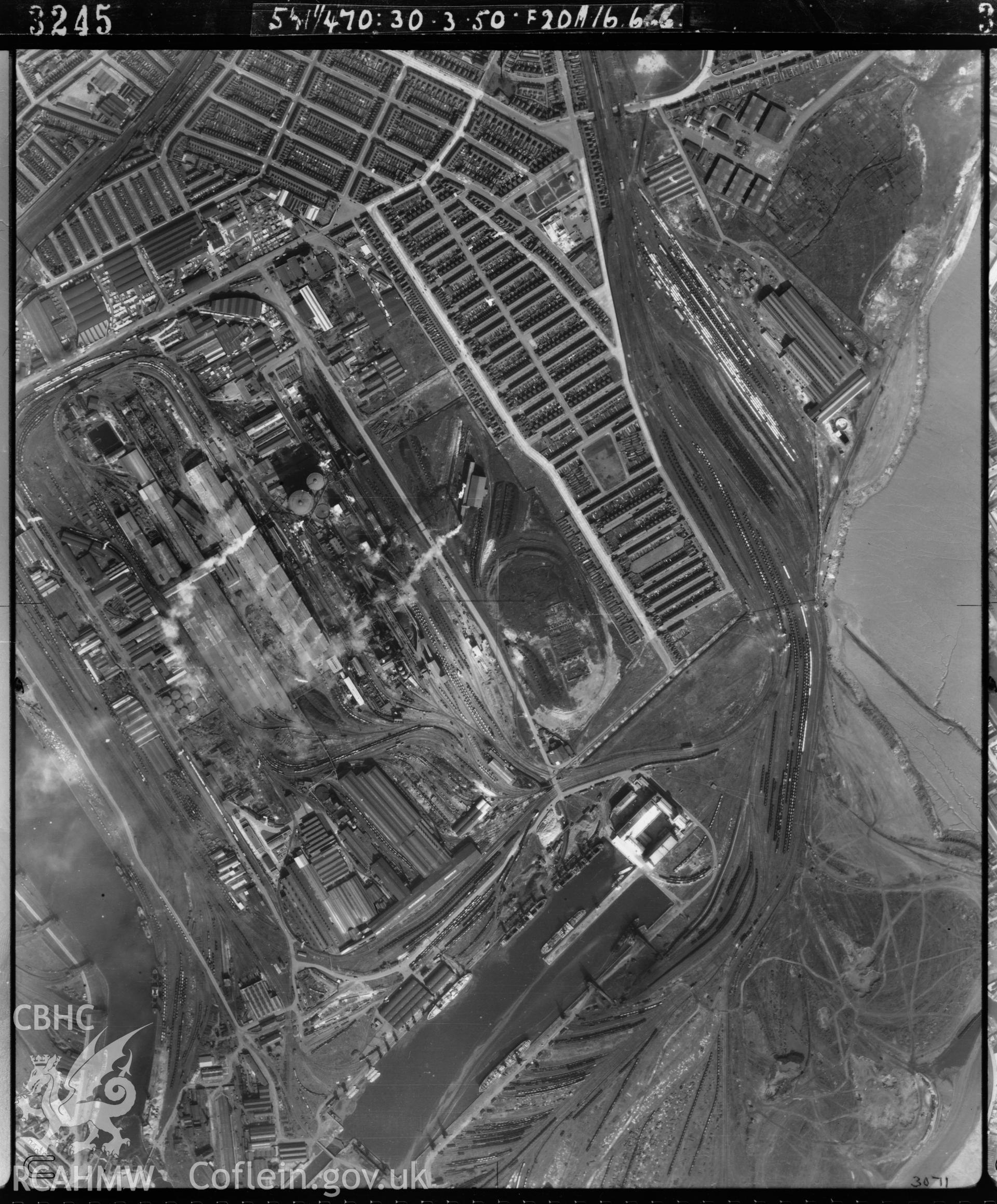 Black and white vertical aerial photograph taken by the RAF on 30/03/1950 centred on ST20357563 at a scale of 1:10000. The photograph includes part of Splott community in Cardiff.