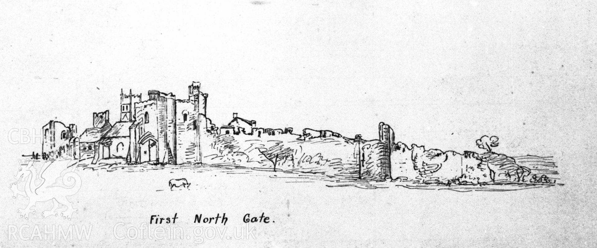 Sketch of Ewenny Priory, showing the first north gate, drawings in British Museum by architect J O S Richardson, copied from 1804 Carters.