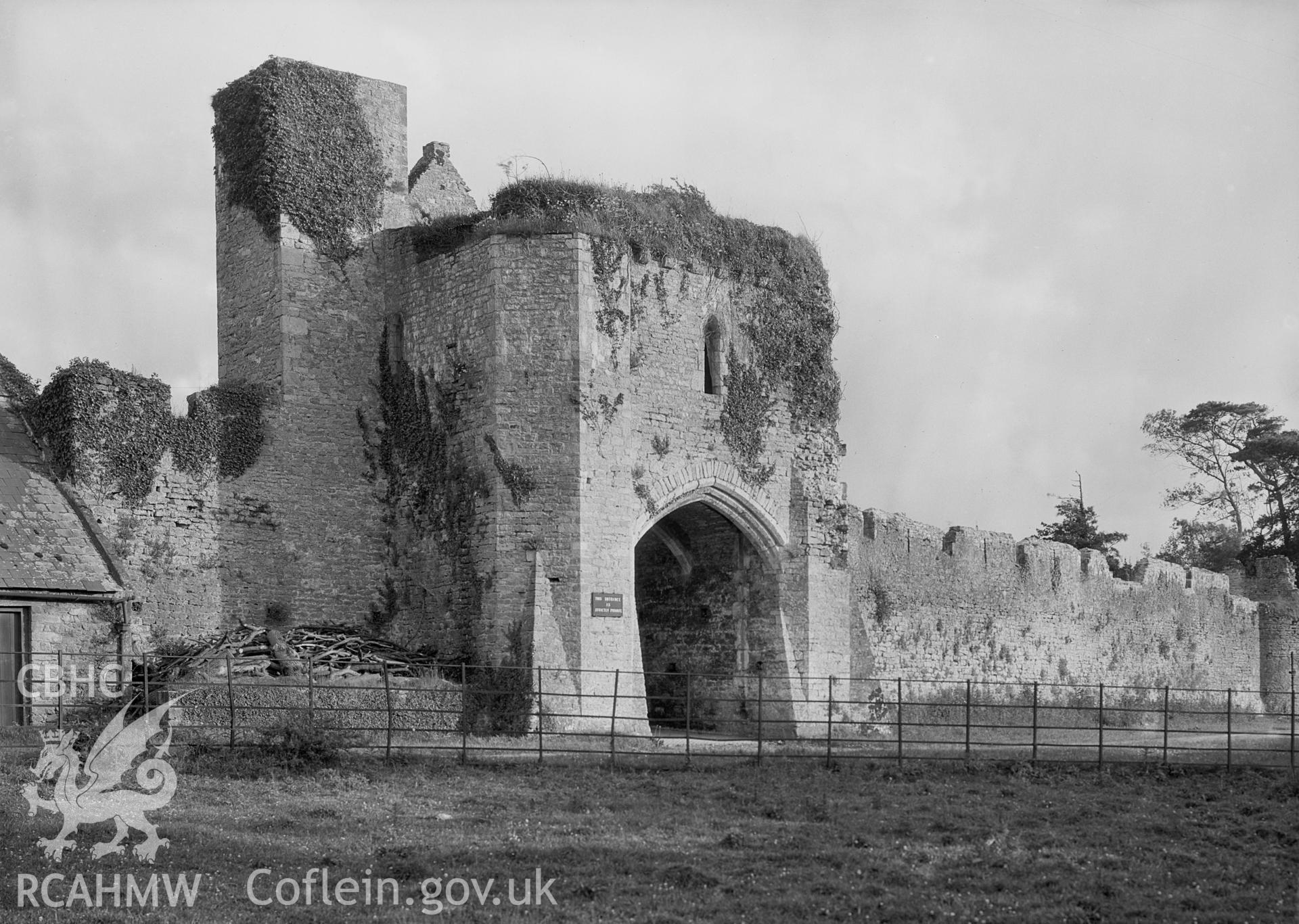 Exterior view of the gatehouse at Ewenny Priory, taken by Clayton pre-1950.