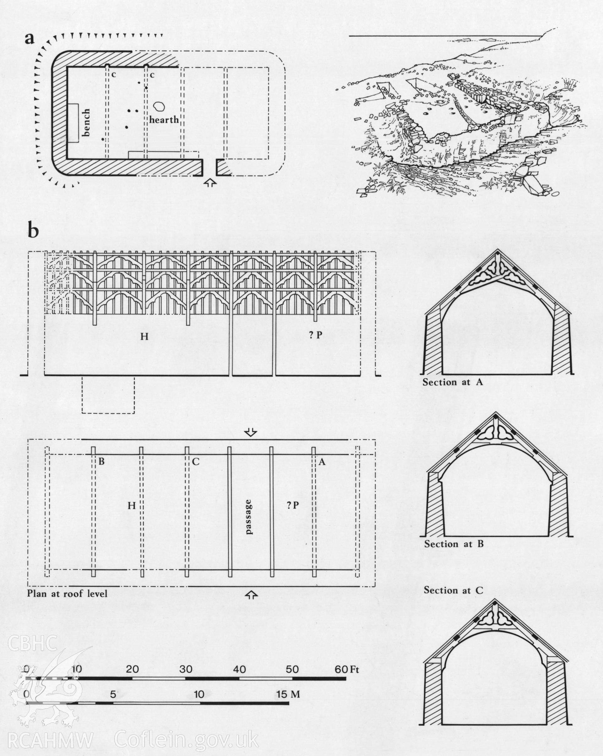 Multi site RCAHMW drawing, 2 sites, (ink on linen) showing plan of Hall Remains on St Tudwal's Island and sections and roof plan of the Old Vicarage, Glasbury, as  published in Houses of the Welsh Countryside, fig 12.