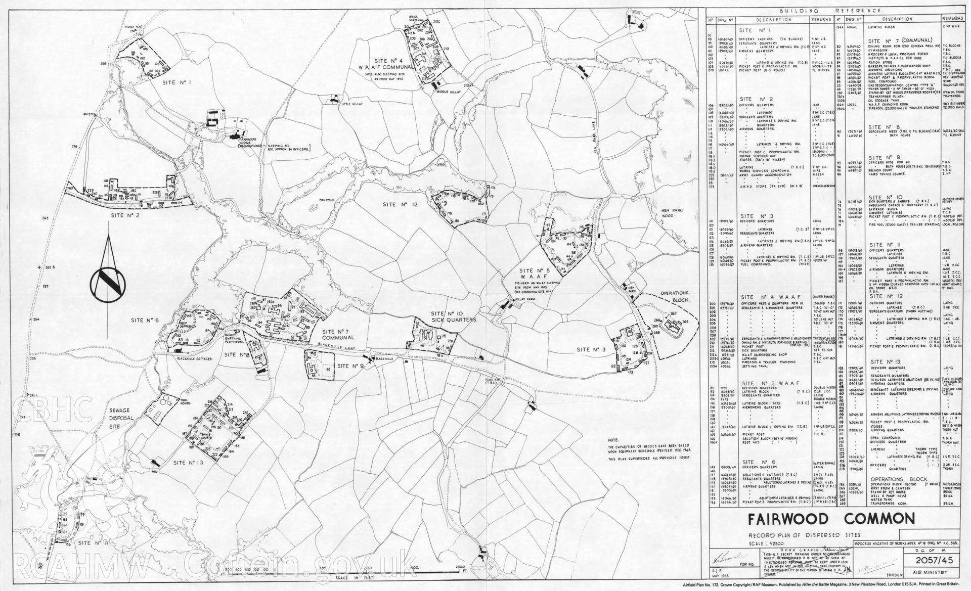 Airfield Plan no 172 comprising site plan of Fairwood Common Aerodrome, Pennard, with key, identifying individual buildings, produced by Air Ministry, May 1945.