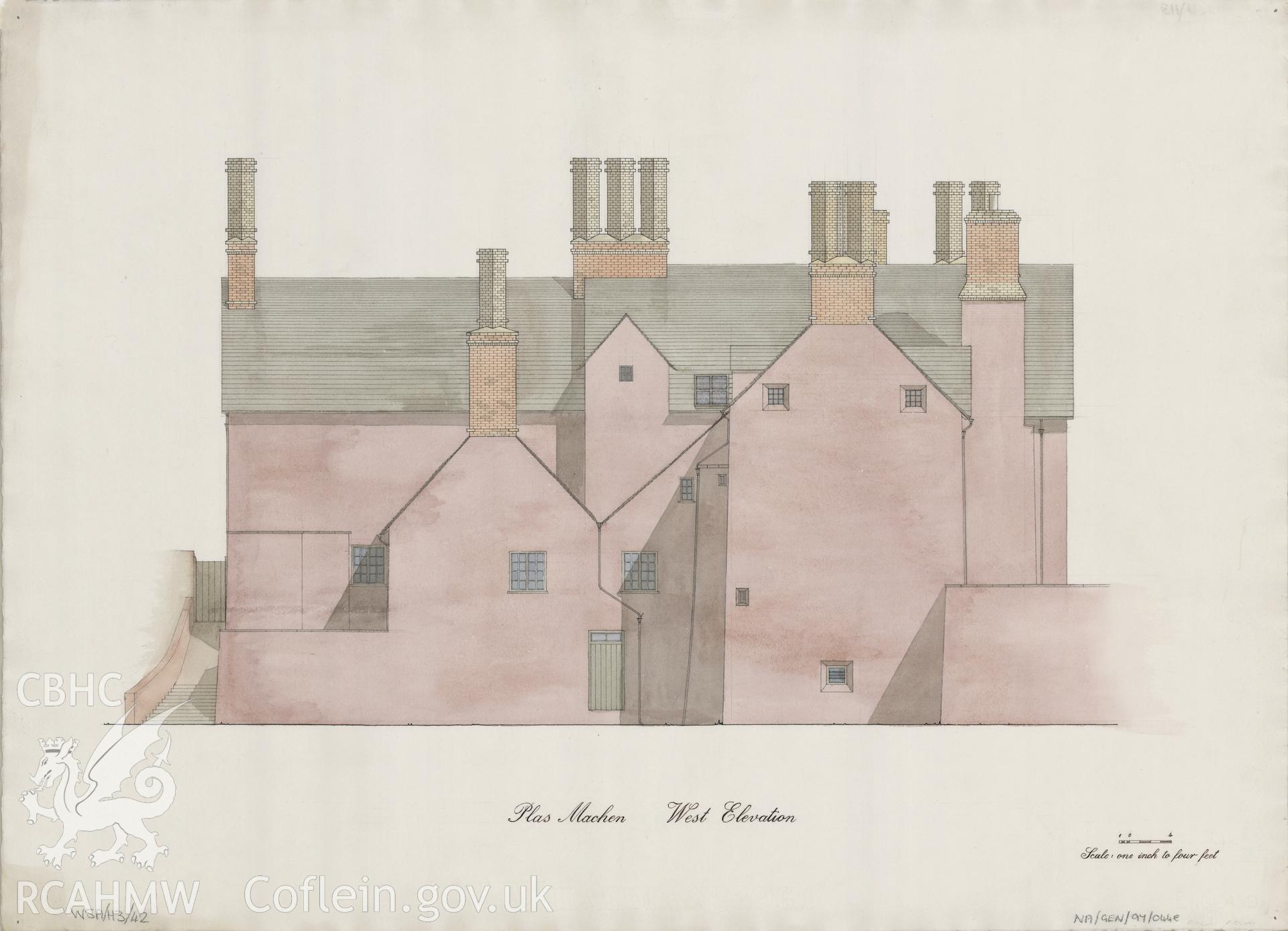 Measured drawing showing west elevation of Plas Machen, Graig, produced by B.J. Coles and D.A. Pugh, 1967-1968.