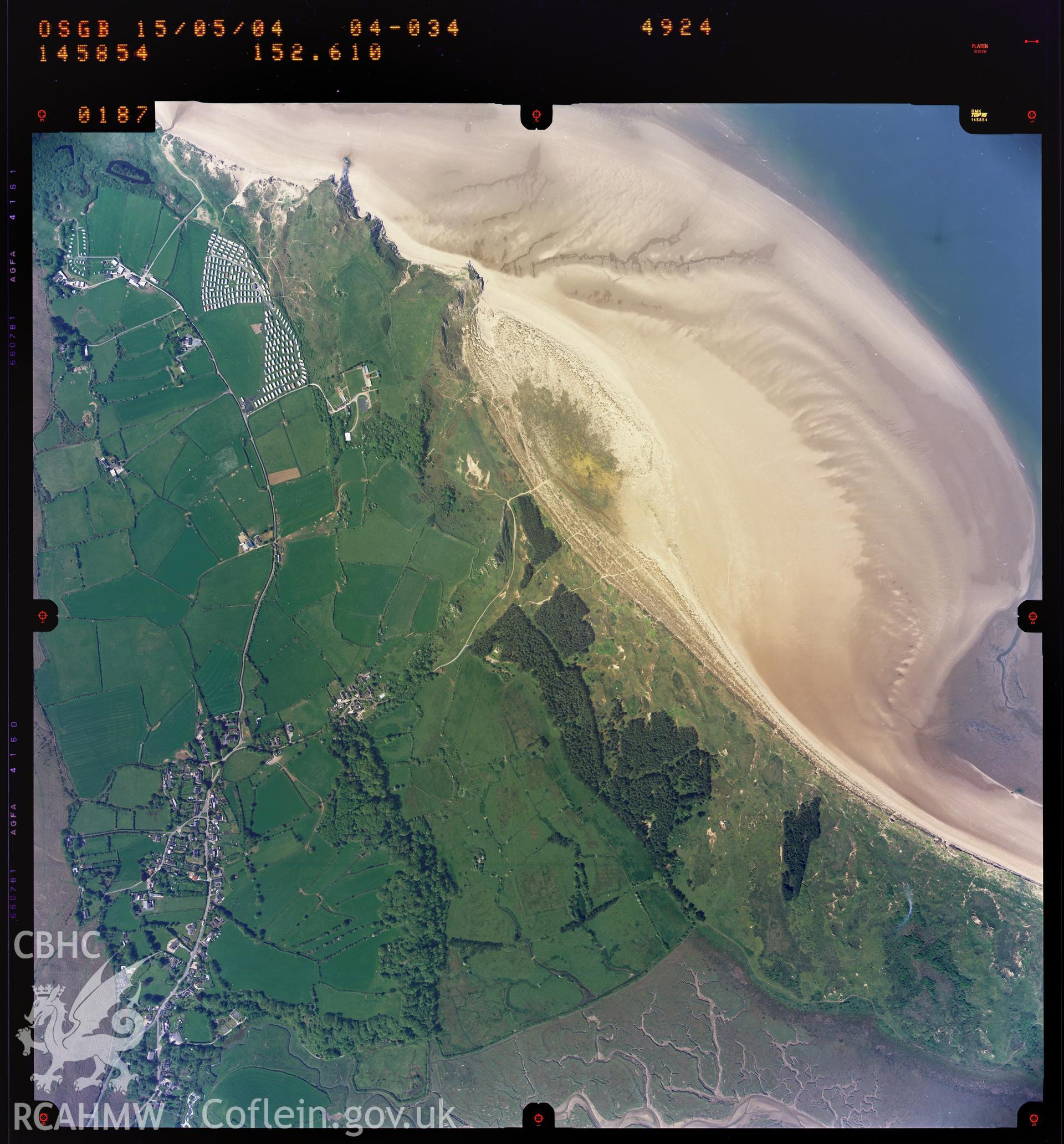 Digitized copy of a colour aerial photograph showing the Llanmadoc area, taken by Ordnance Survey, 2004.