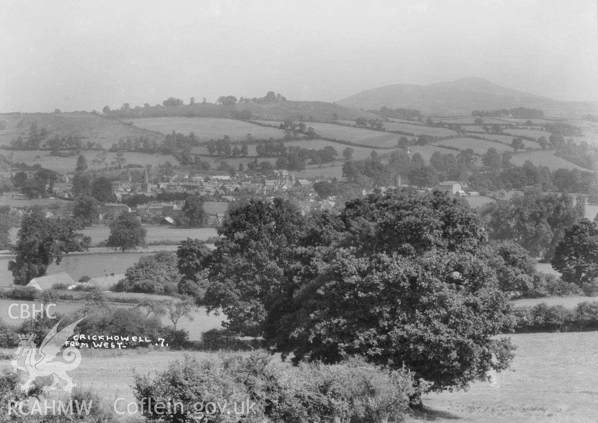 Landscape view of Crickhowell Town from the west,  taken by W A Call circa 1920.