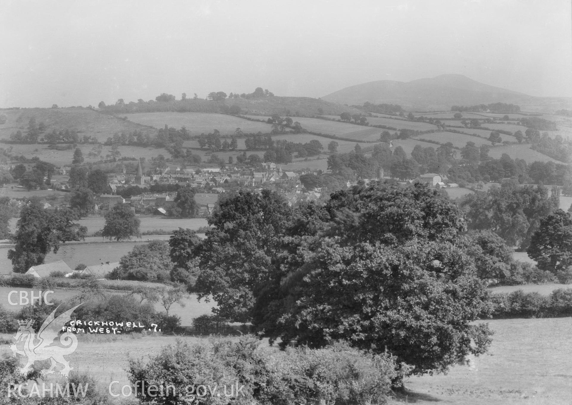 Landscape view of Crickhowell Town from the west,  taken by W A Call circa 1920.