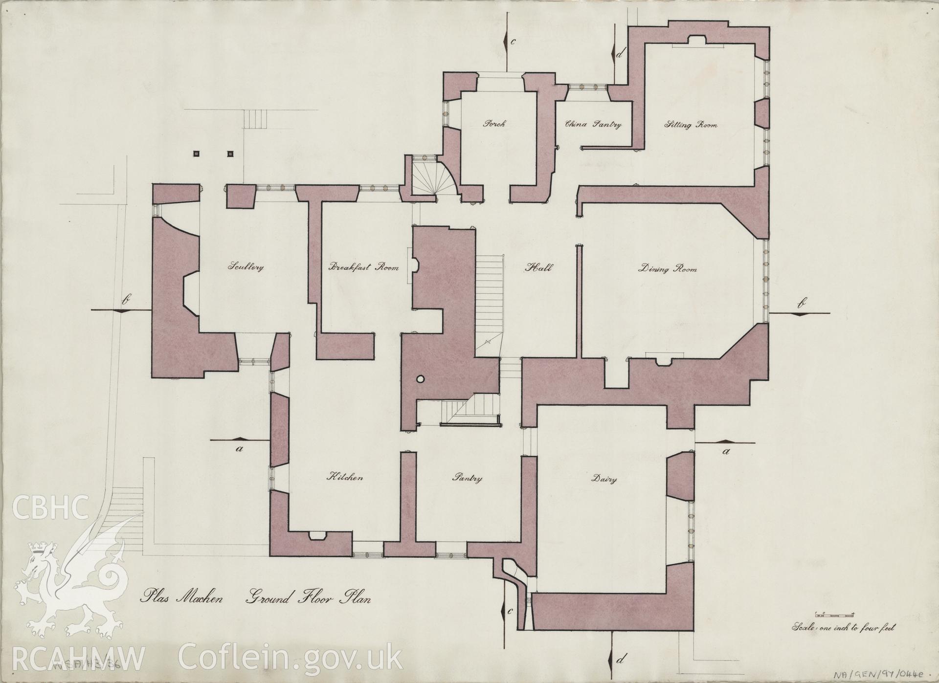 Measured drawing showing ground floor plan of Plas Machen, Graig, produced by B.J. Coles and D.A. Pugh, 1967-1968.