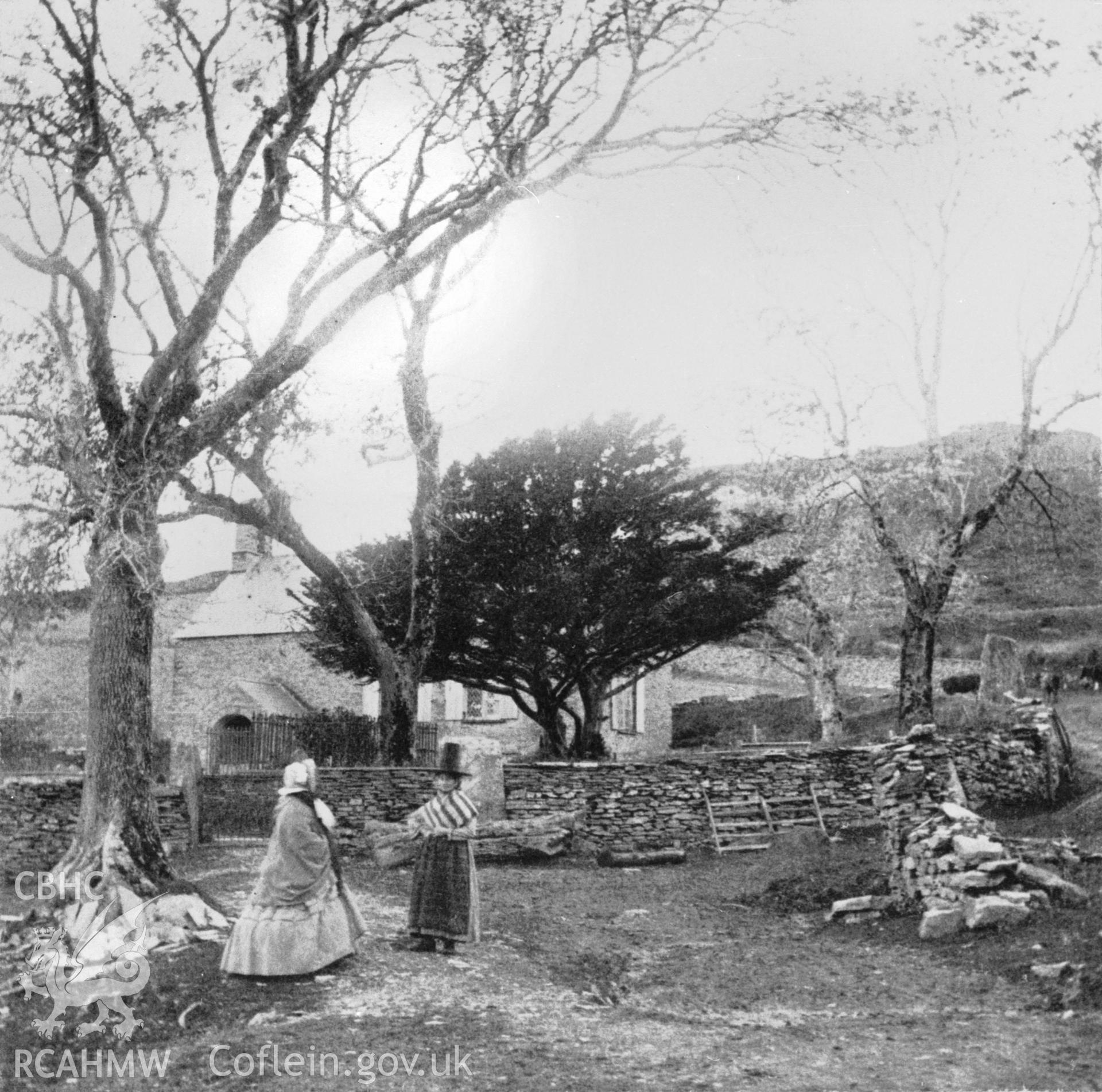 A black and white photo of St John's Church, Ysbytty Cynfyn.