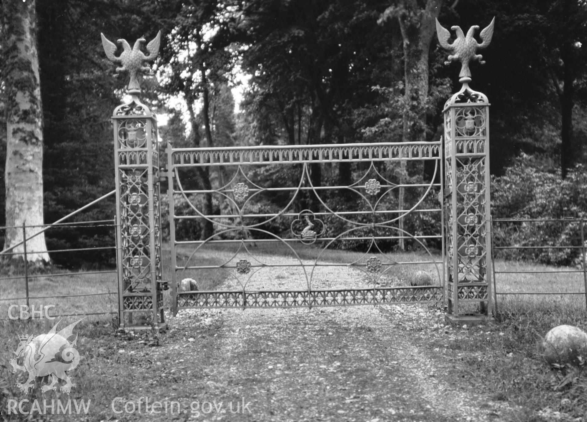 View of gate at Glynllifon, Llandwrog taken 05.09.1953.