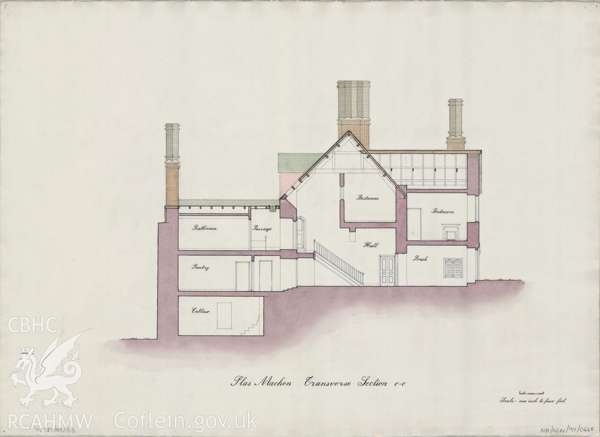 Measured drawing showing transverse section view of Plas Machen, Graig, produced by B.J. Coles and D.A. Pugh, 1967-1968.