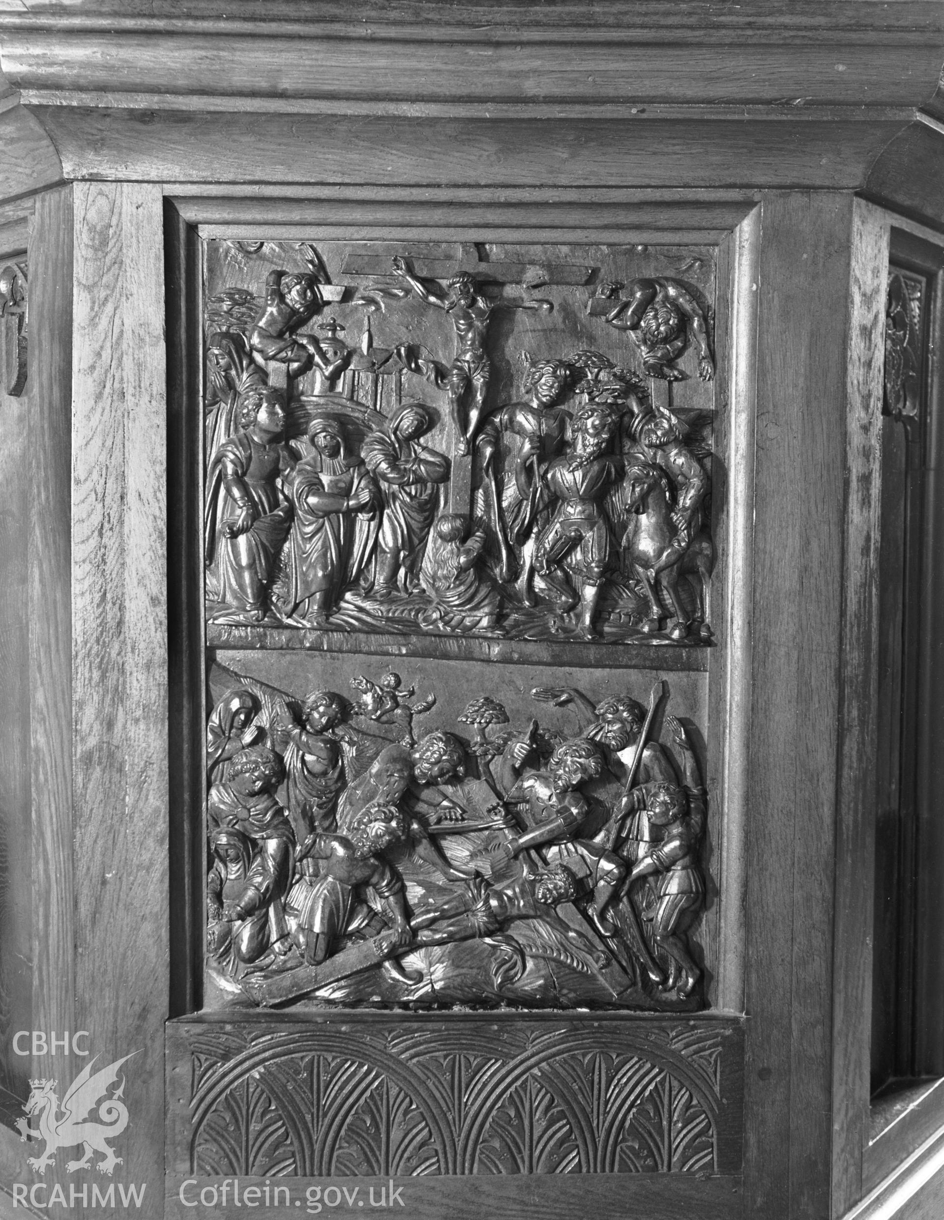 Detail of wood carved panel at St Twrog's Church, Llandwrog.
