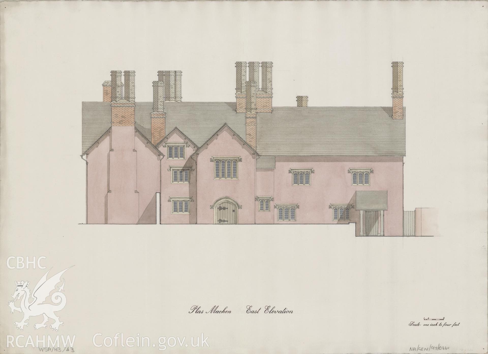 Measured drawing showing east elevation of Plas Machen, Graig, produced by B.J. Coles and D.A. Pugh, 1967-1968.