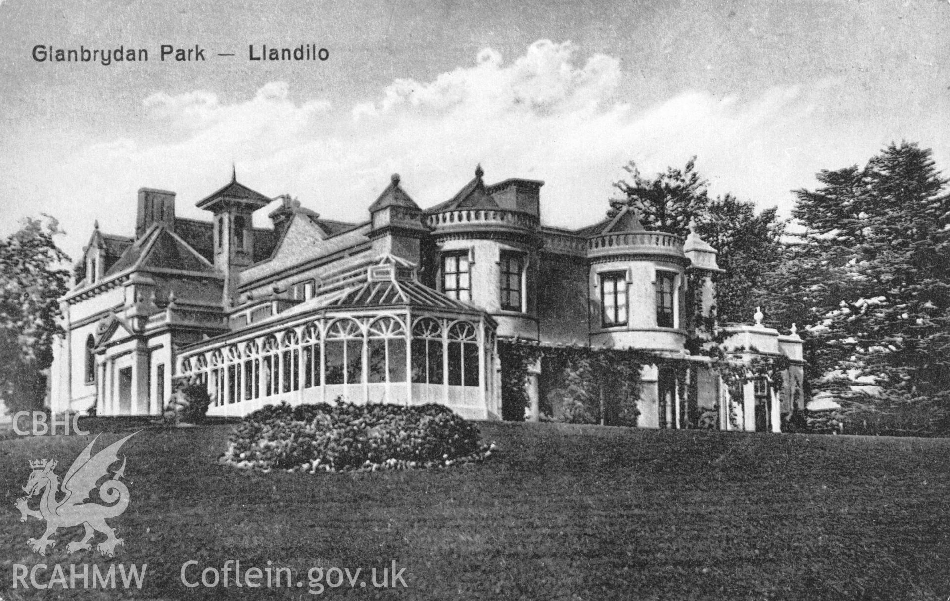 Black and white photograph of Glanbrydan Park, Llandeilo, copied from an original postcard in the possession of Thomas Lloyd. Negative held.