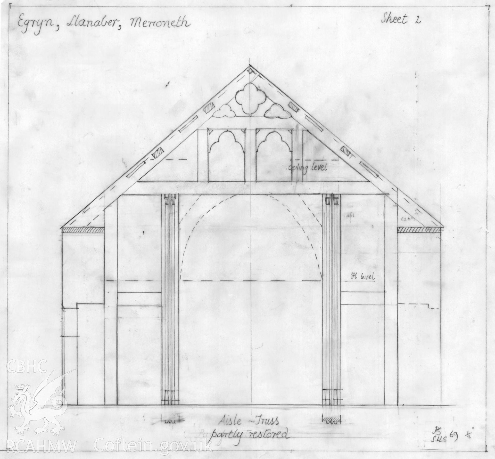 RCAHMW drawing showing section of aisle truss at Egryn Abbey.