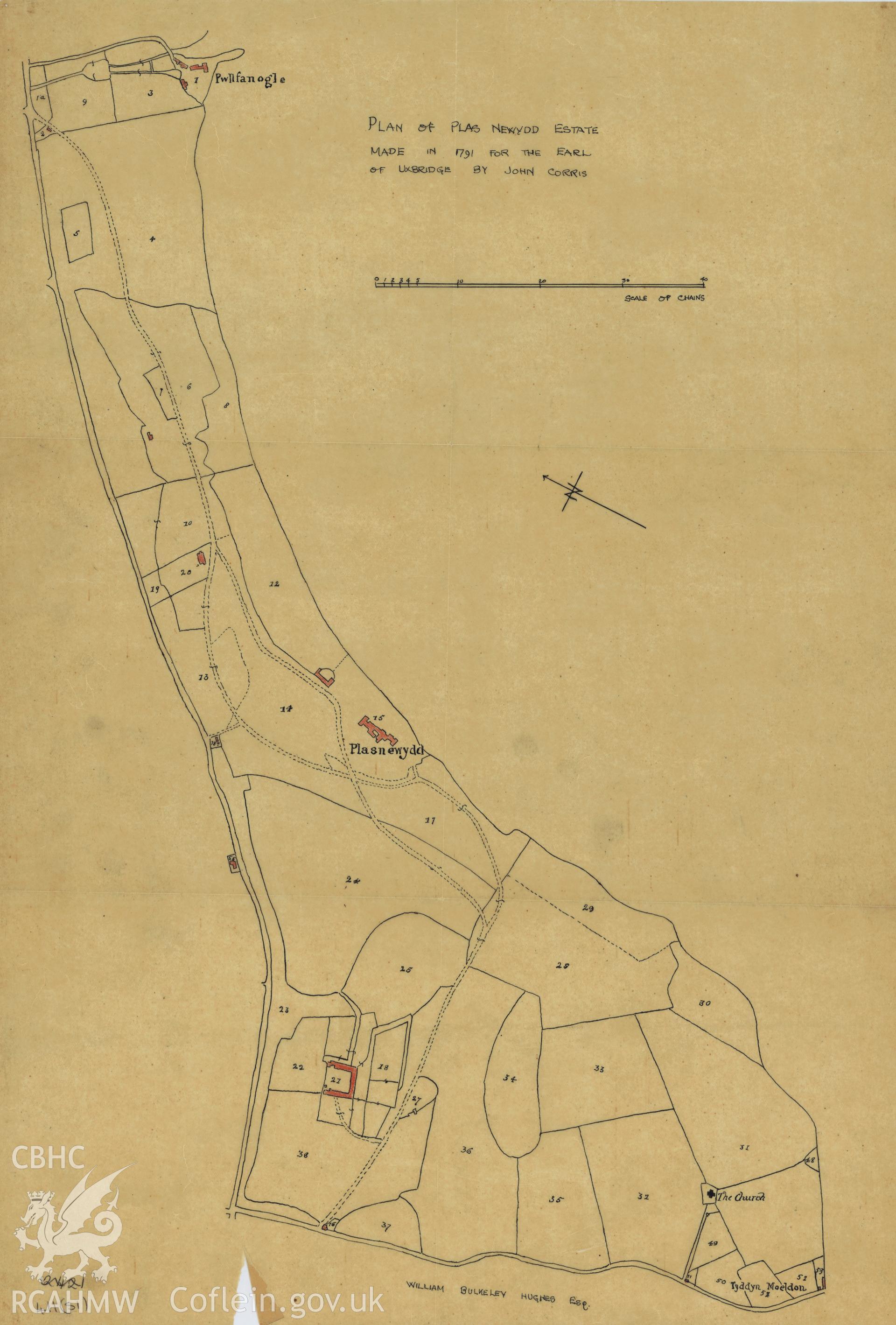Copy of a plan by William Buckley Hughes, dated 1791, showing plan of Plas Newydd, Llanddeiniol Fab.