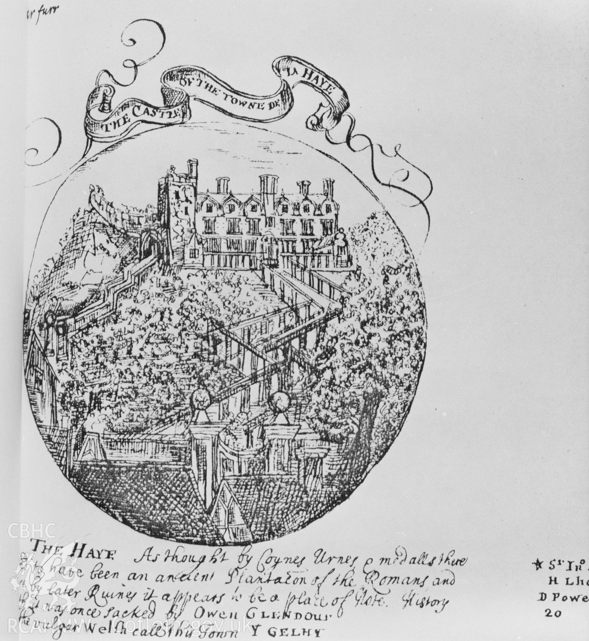 Sketch view of  Castle House, Hay Castle;  a black and white photograph copied from a photo loaned for copying by Thomas Lloyd.