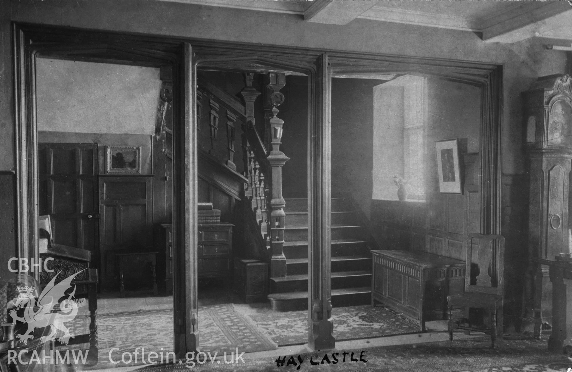 Interior view of Castle House showing the staircase, copied from a postcard loaned by P.M. Reid.