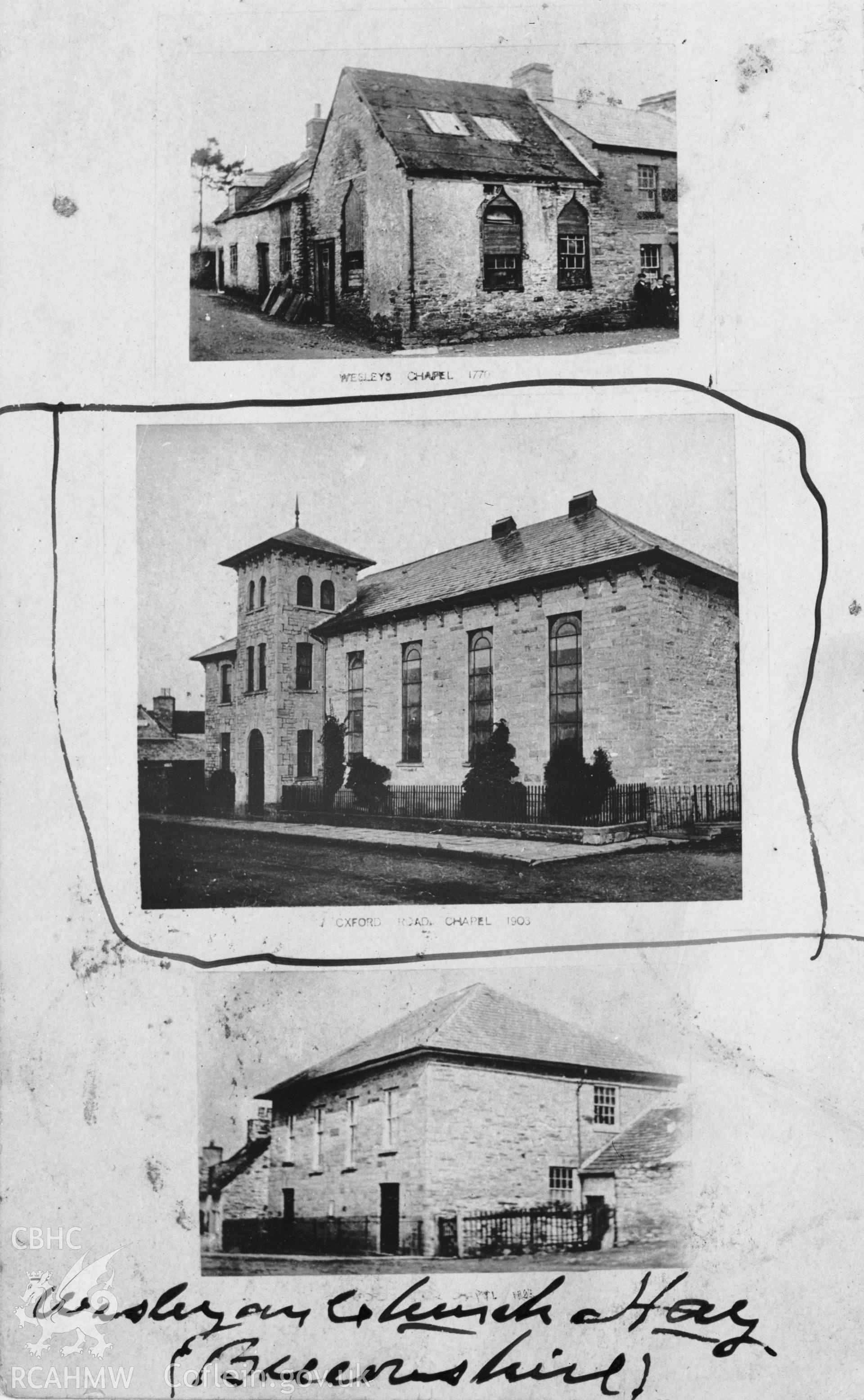 Oxford Road Chapel, Hay on Wye; B&W print copied from a postcard dated 14th April 1904, loaned for copying by Thomas Lloyd.  Copy negative held.